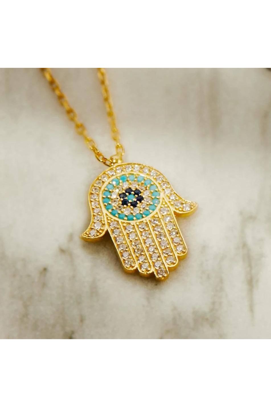 Hamsa Hand With Evil Eye Pendant Necklace Gold - LATELITA Necklaces