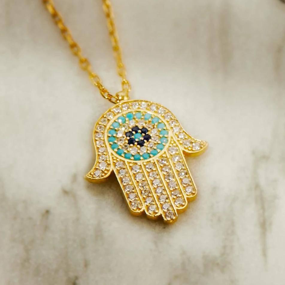 Hamsa Hand With Evil Eye Pendant Necklace Gold - LATELITA Necklaces