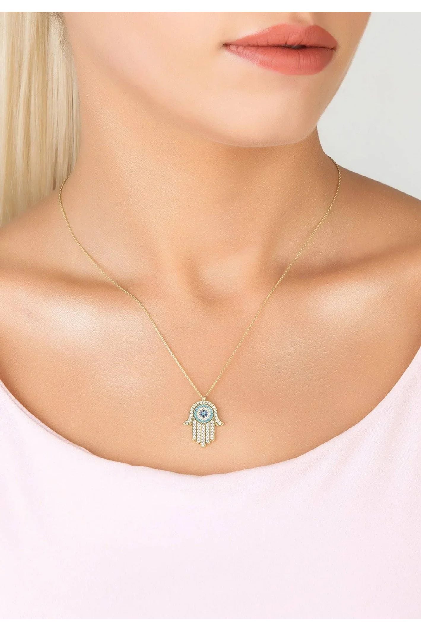Hamsa Hand With Evil Eye Pendant Necklace Gold - LATELITA Necklaces