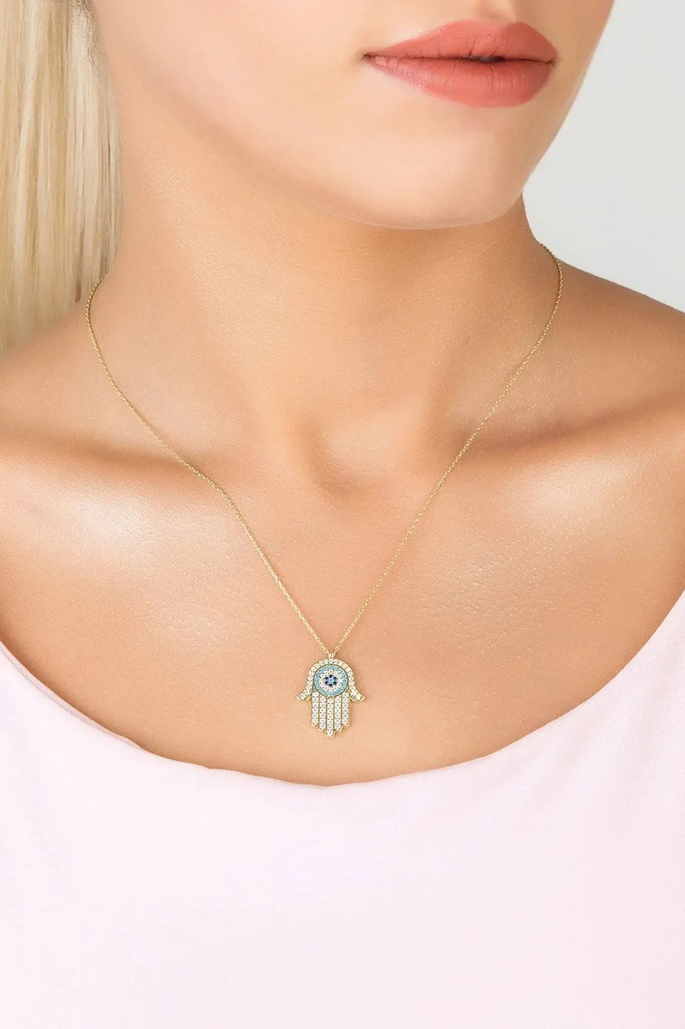 Hamsa Hand With Evil Eye Pendant Necklace Gold - LATELITA Necklaces