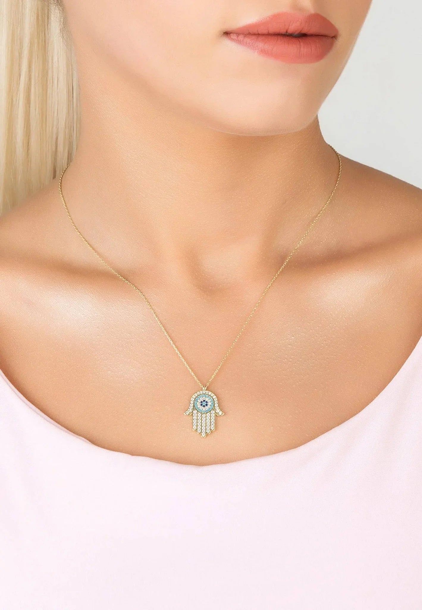 Hamsa Hand With Evil Eye Pendant Necklace Gold - LATELITA Necklaces