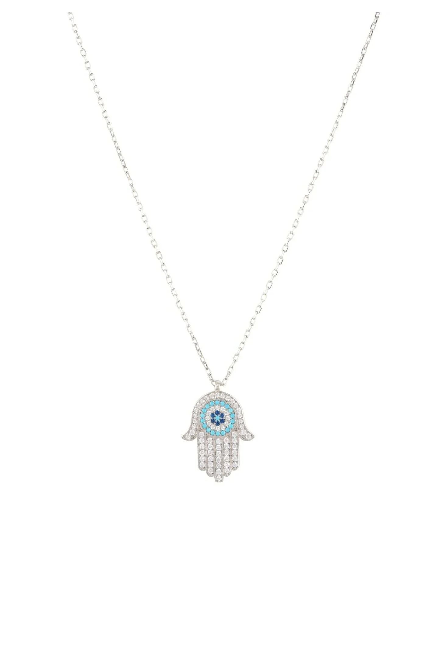 Hamsa Hand With Evil Eye Pendant Necklace Turquoise Silver - LATELITA Necklaces