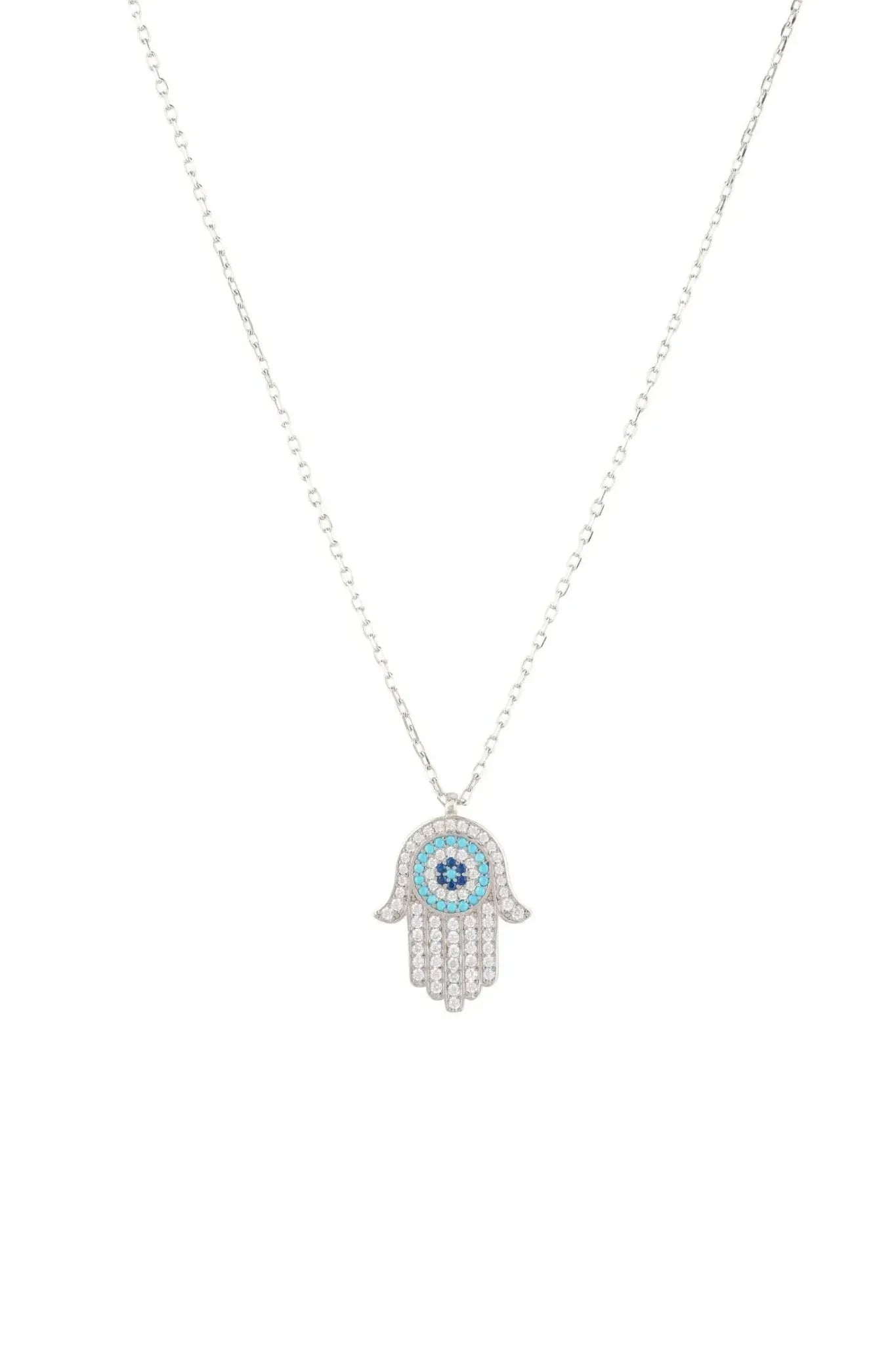 Hamsa Hand With Evil Eye Pendant Necklace Turquoise Silver - LATELITA Necklaces