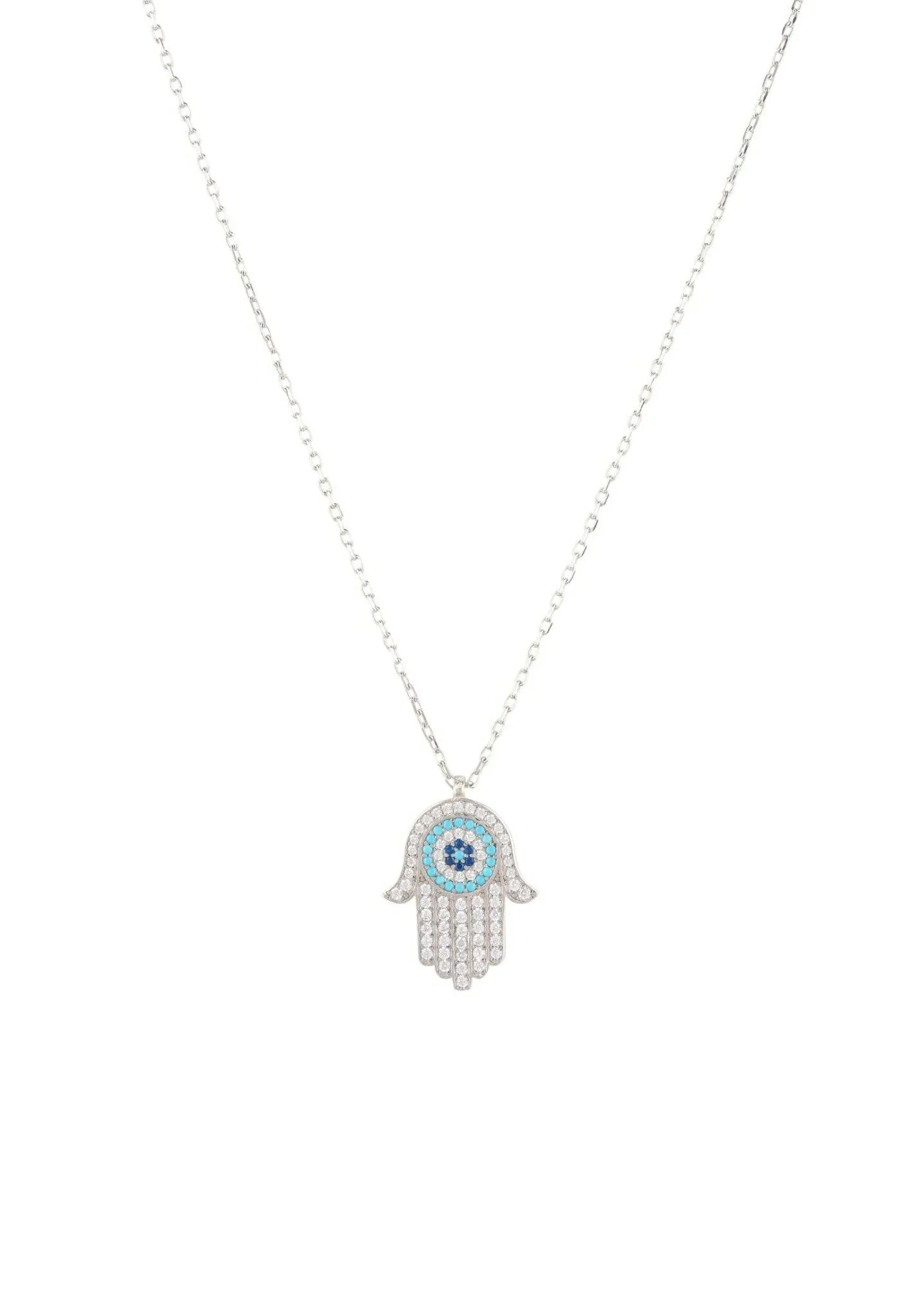 Hamsa Hand With Evil Eye Pendant Necklace Turquoise Silver - LATELITA Necklaces
