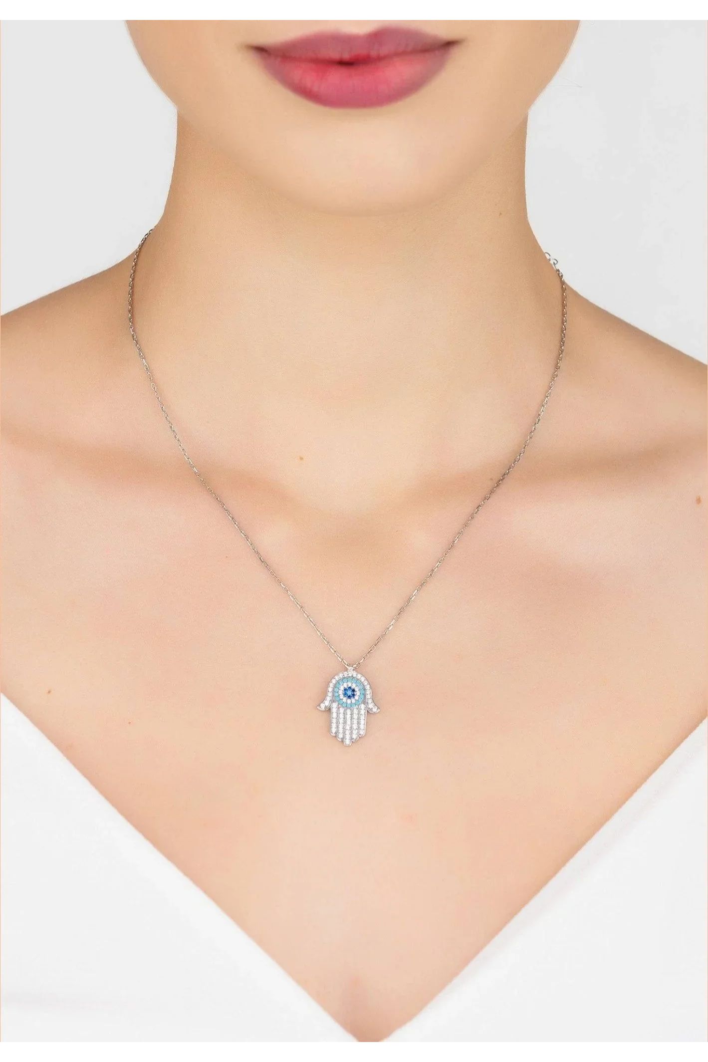 Hamsa Hand With Evil Eye Pendant Necklace Turquoise Silver - LATELITA Necklaces