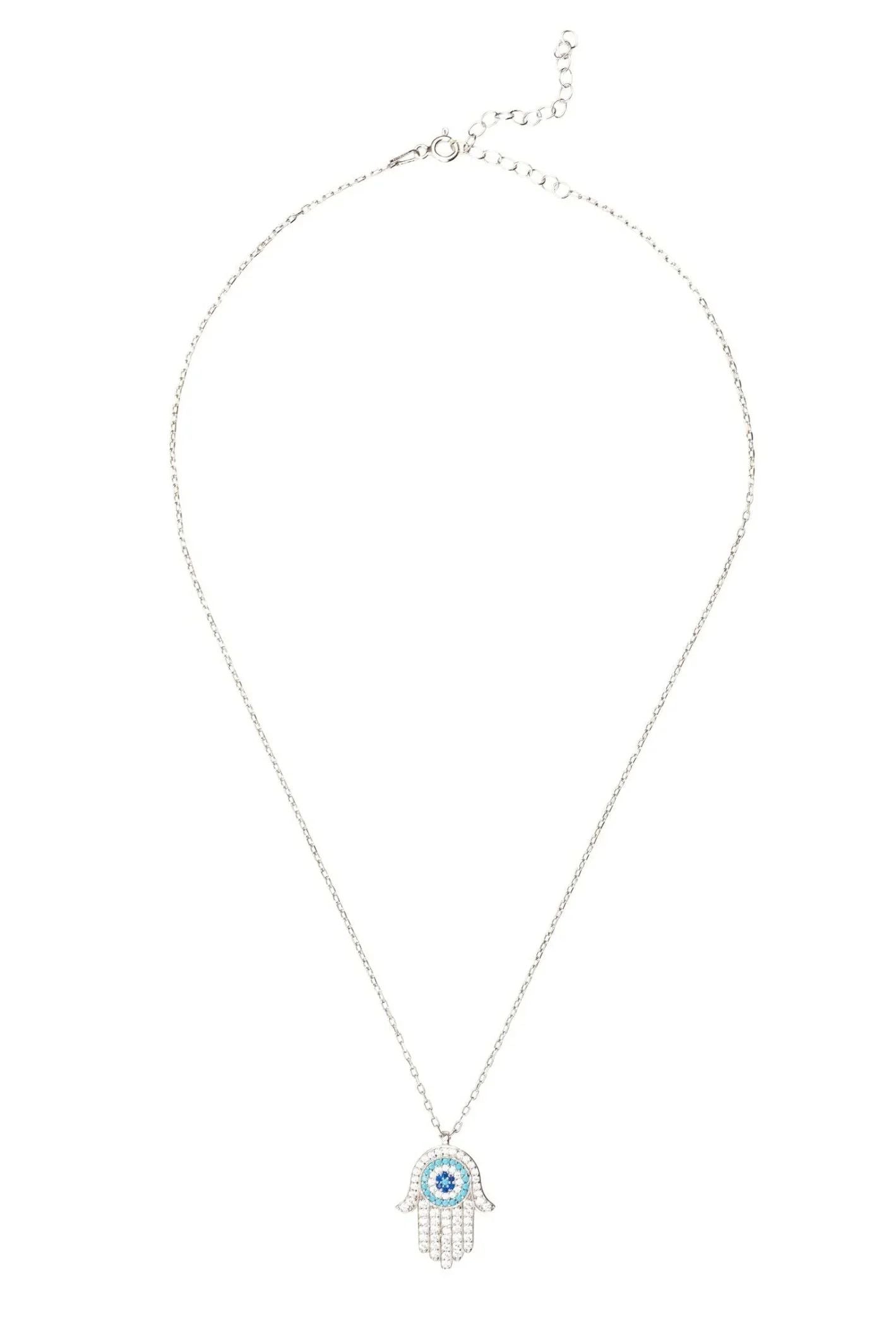 Hamsa Hand With Evil Eye Pendant Necklace Turquoise Silver - LATELITA Necklaces