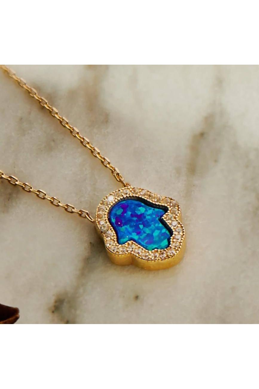 Hamsa Opalite Turquoise Blue Necklace Gold - LATELITA Necklaces