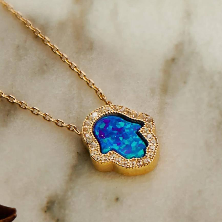 Hamsa Opalite Turquoise Blue Necklace Gold - LATELITA Necklaces