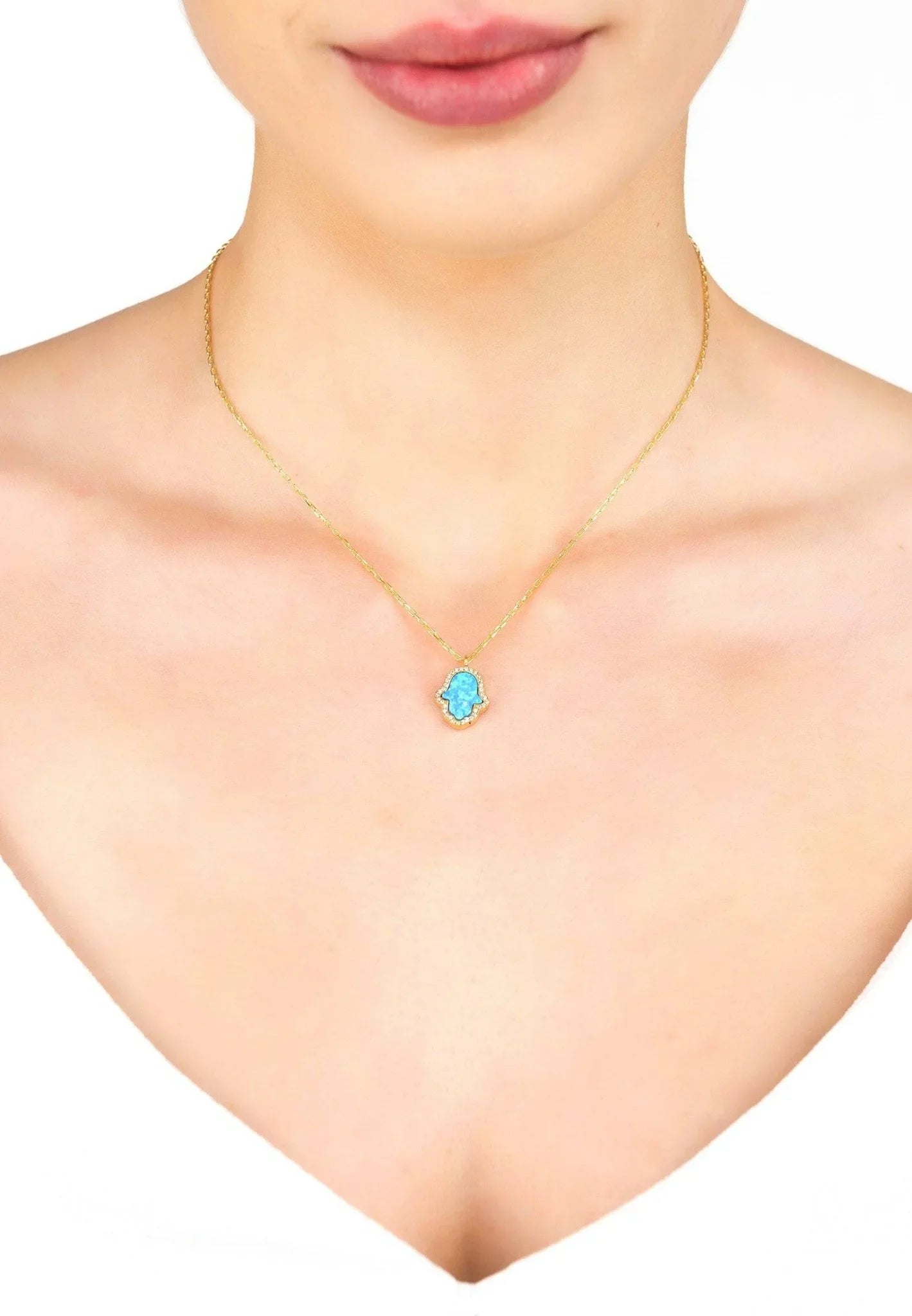 Hamsa Opalite Turquoise Blue Necklace Gold - LATELITA Necklaces