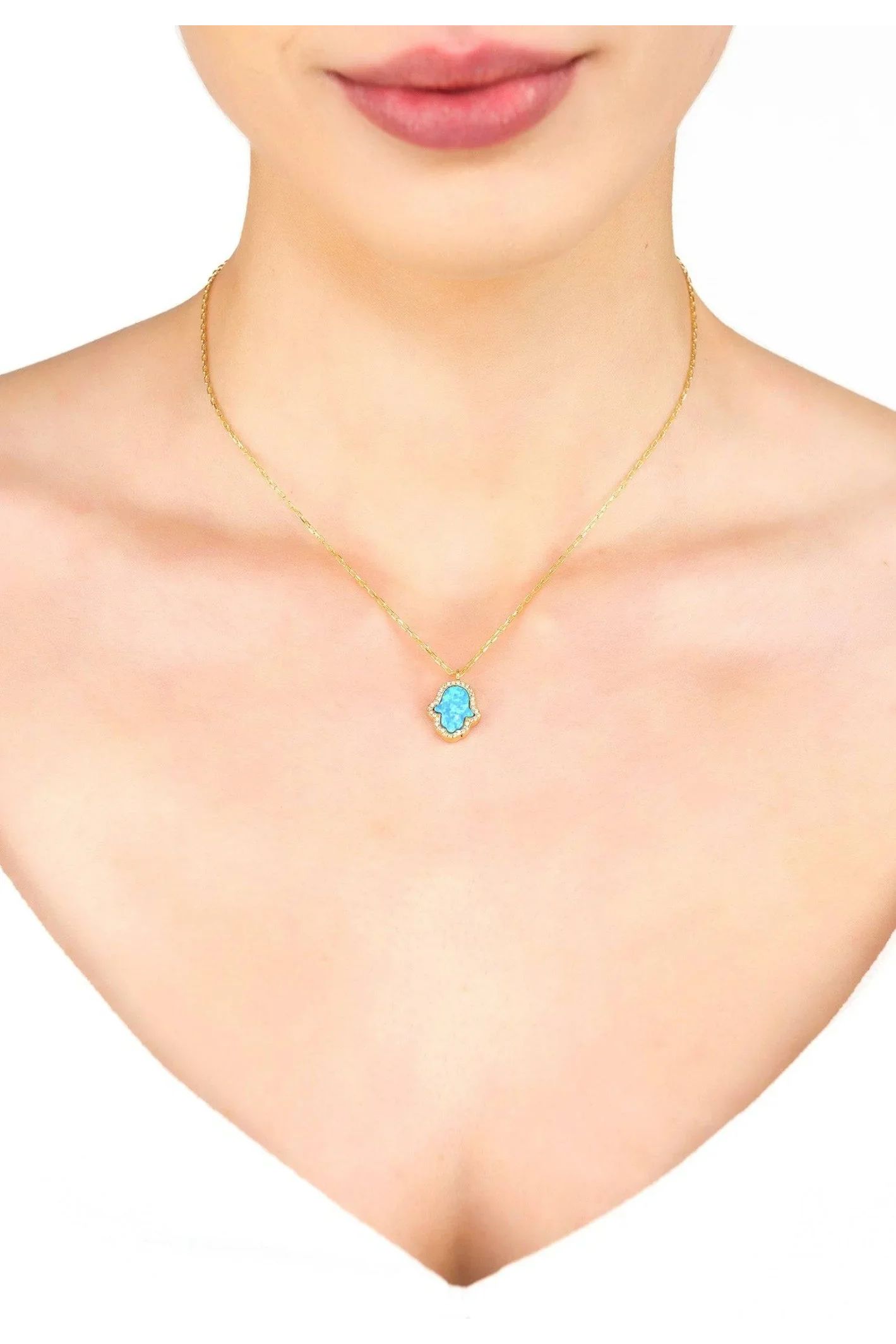 Hamsa Opalite Turquoise Blue Necklace Gold - LATELITA Necklaces