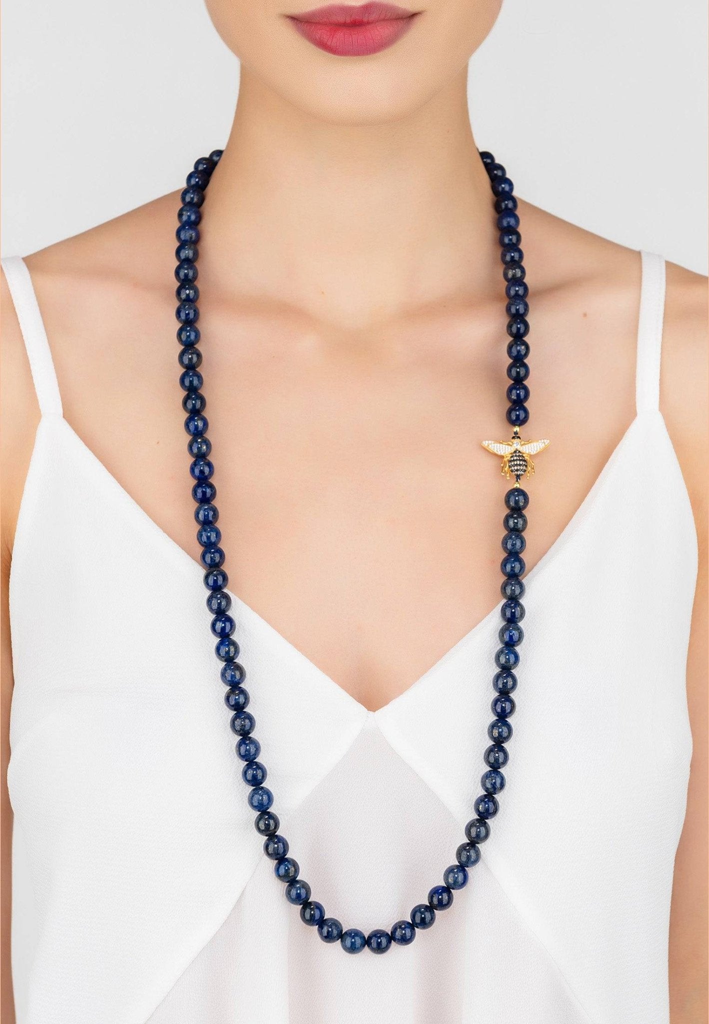 Honey Bee Lapis Lazuli Gemstone Long Necklace Gold - LATELITA Necklaces
