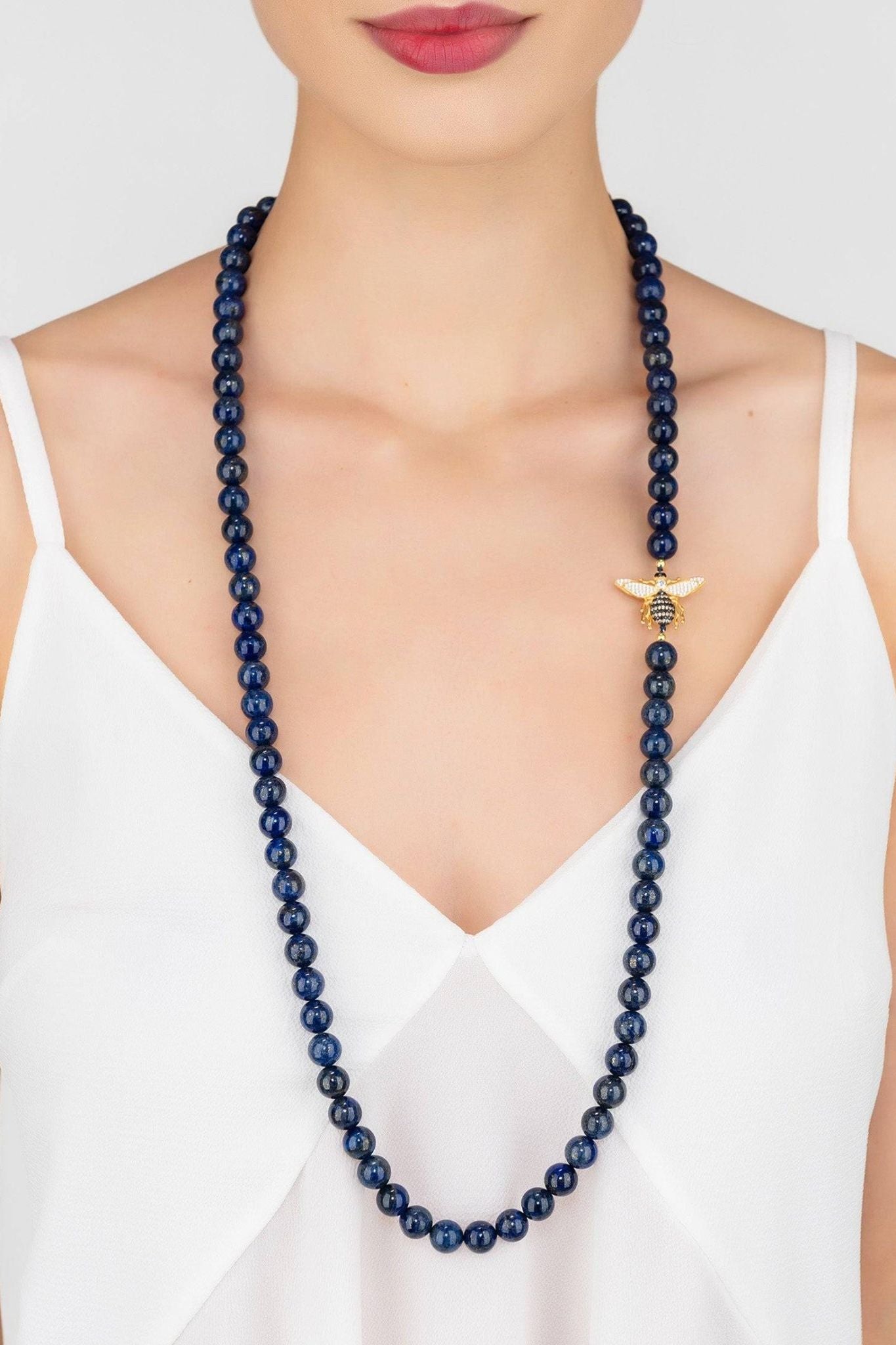 Honey Bee Lapis Lazuli Gemstone Long Necklace Gold - LATELITA Necklaces
