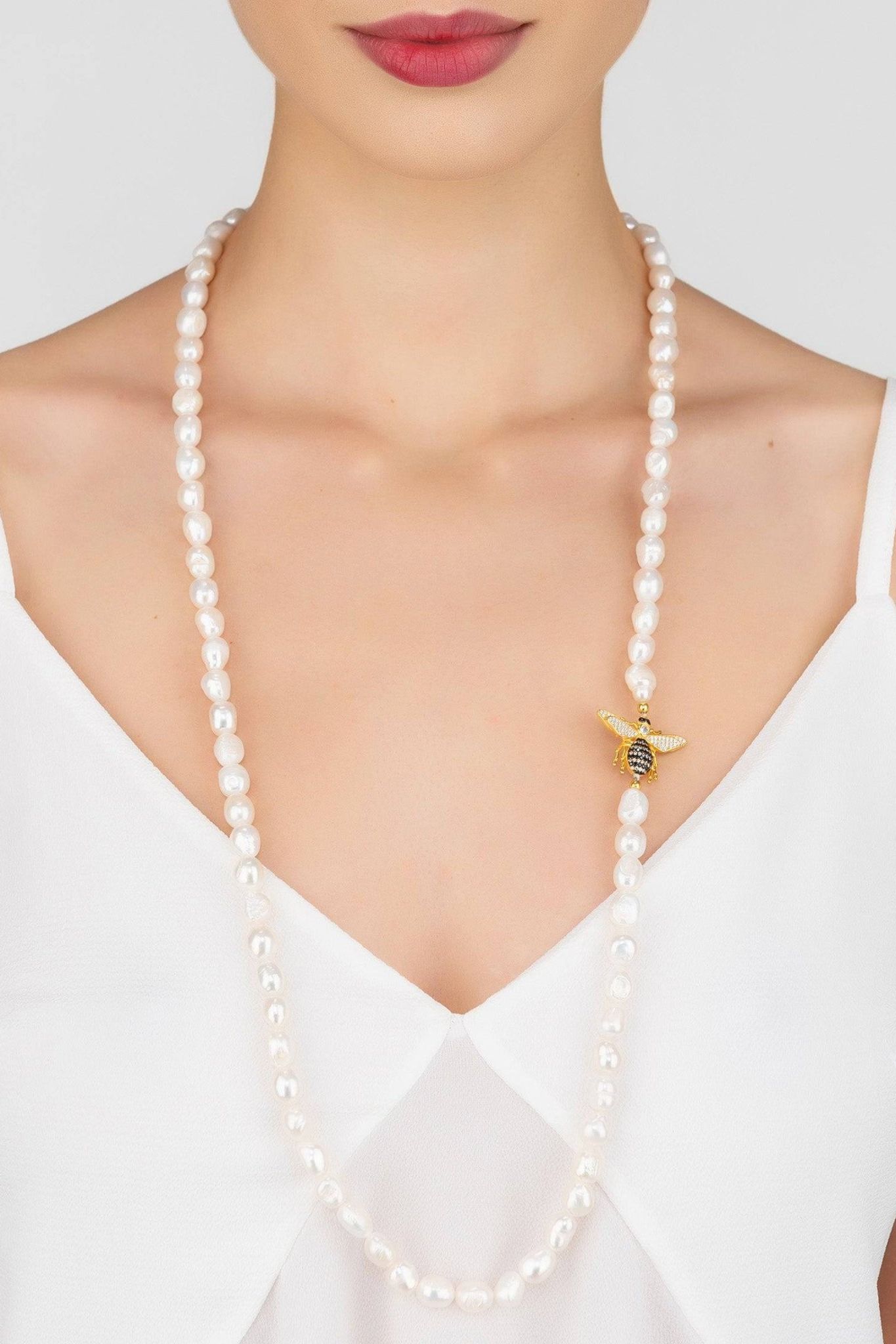 Honey Bee Pearl Gemstone Long Necklace Gold - LATELITA Necklaces