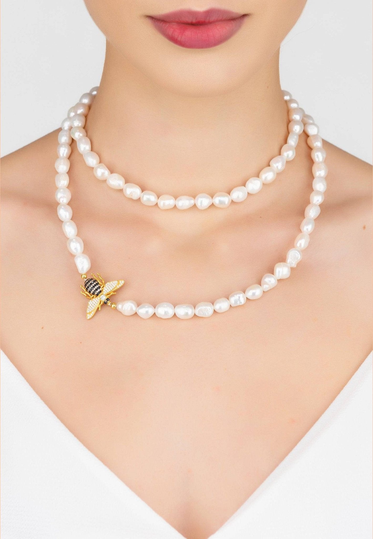 Honey Bee Pearl Gemstone Long Necklace Gold - LATELITA Necklaces