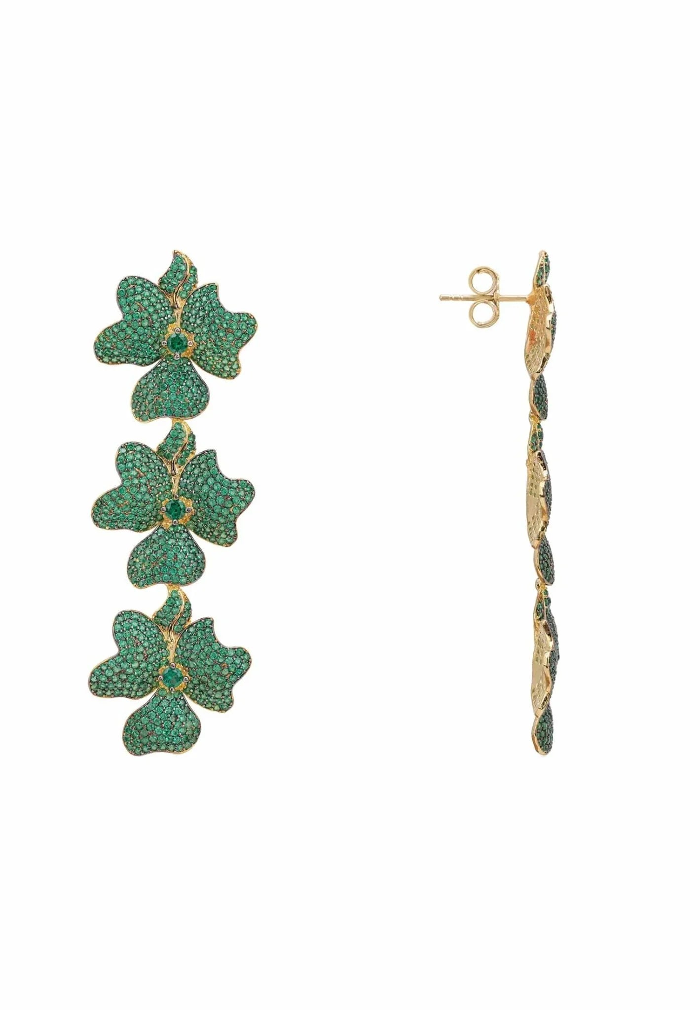 Jasmine Flower Triple Drop Earrings Gold Emerald Green - LATELITA Earrings