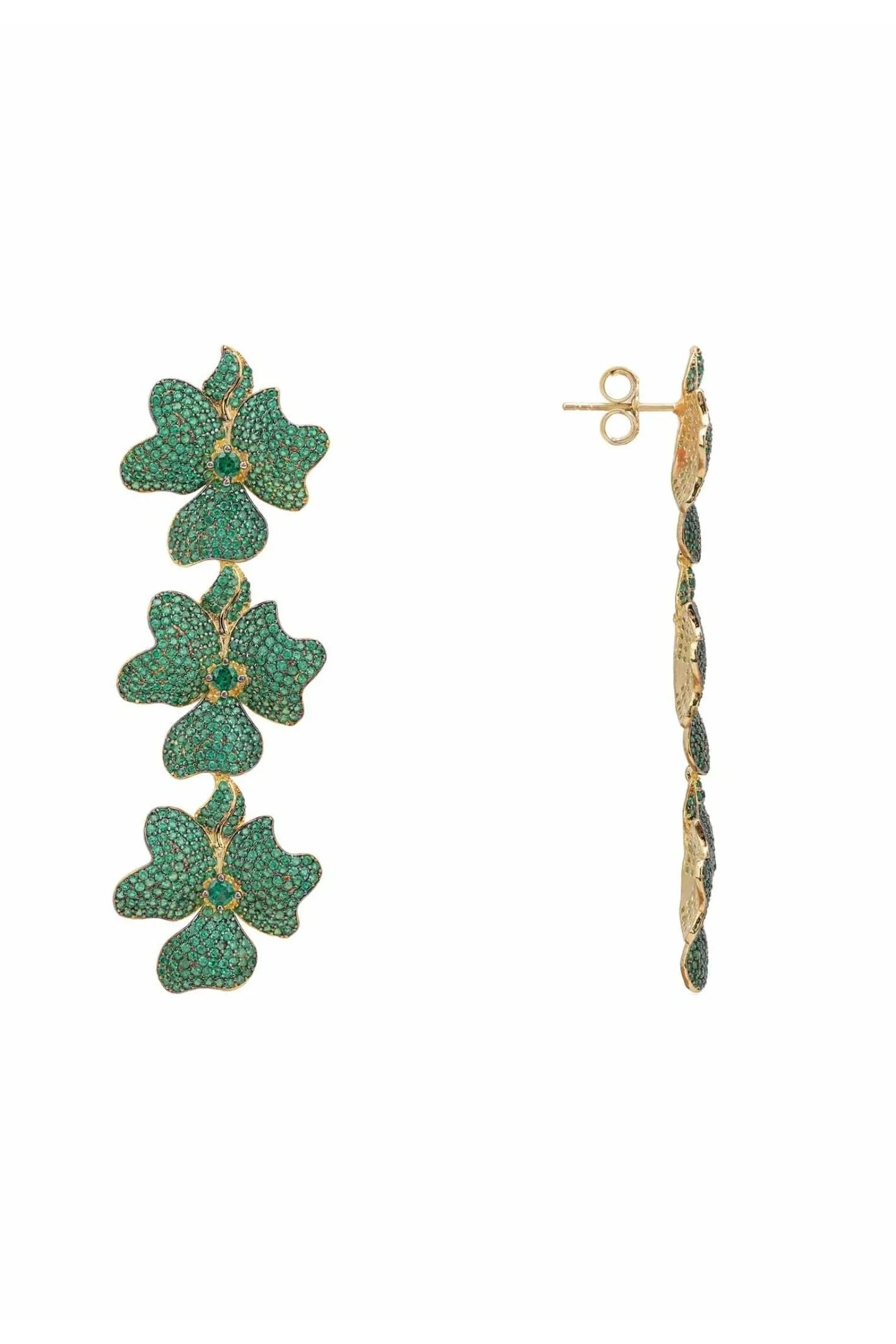 Jasmine Flower Triple Drop Earrings Gold Emerald Green - LATELITA Earrings