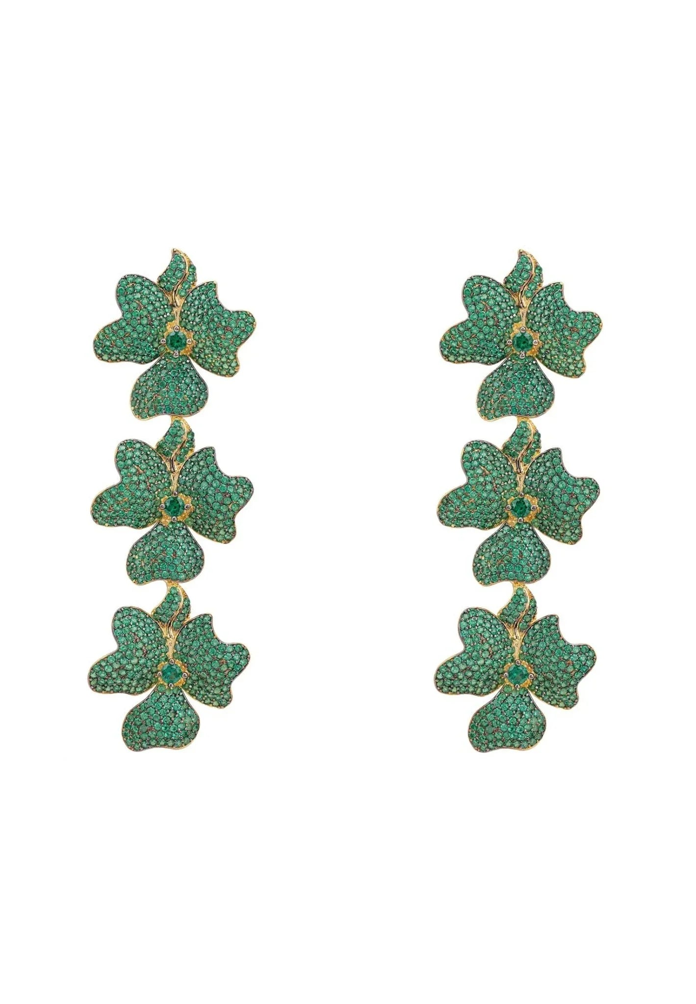 Jasmine Flower Triple Drop Earrings Gold Emerald Green - LATELITA Earrings