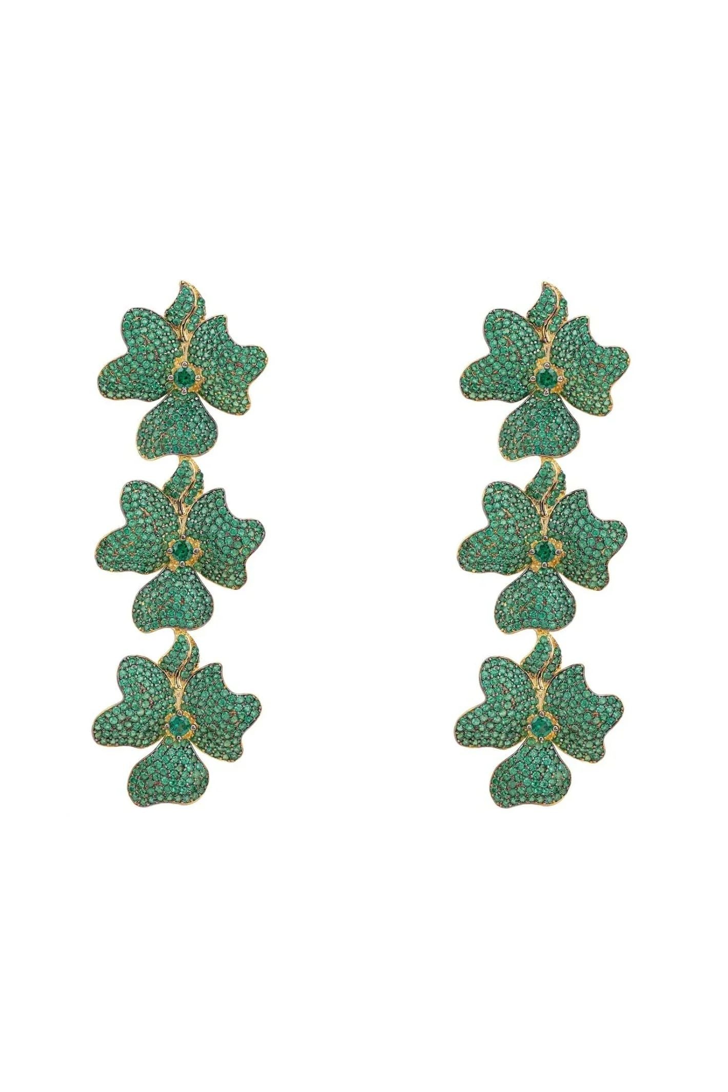 Jasmine Flower Triple Drop Earrings Gold Emerald Green - LATELITA Earrings