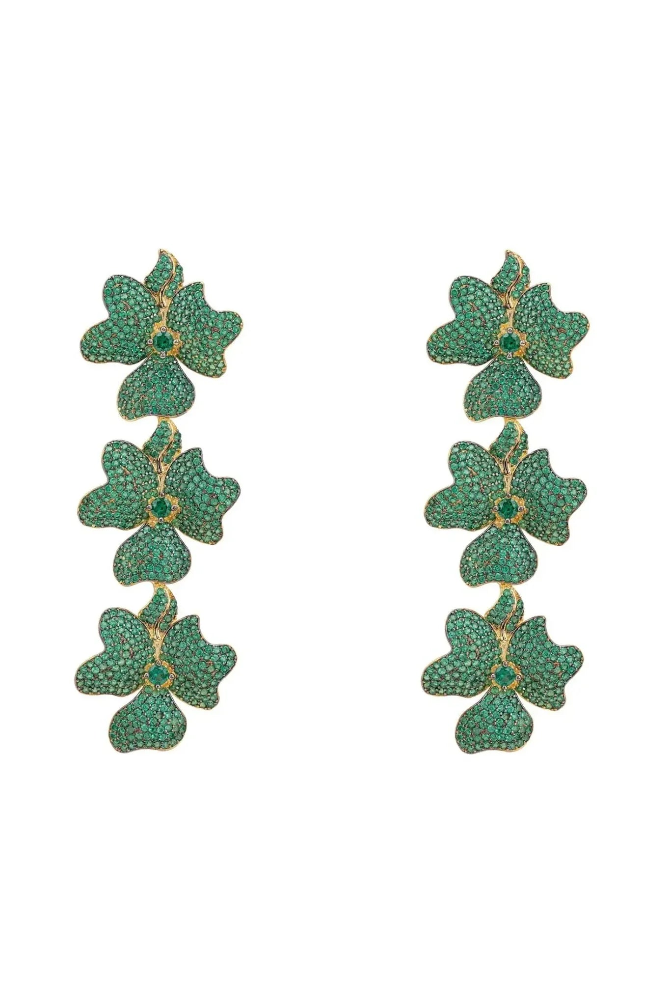 Jasmine Flower Triple Drop Earrings Gold Emerald Green - LATELITA Earrings