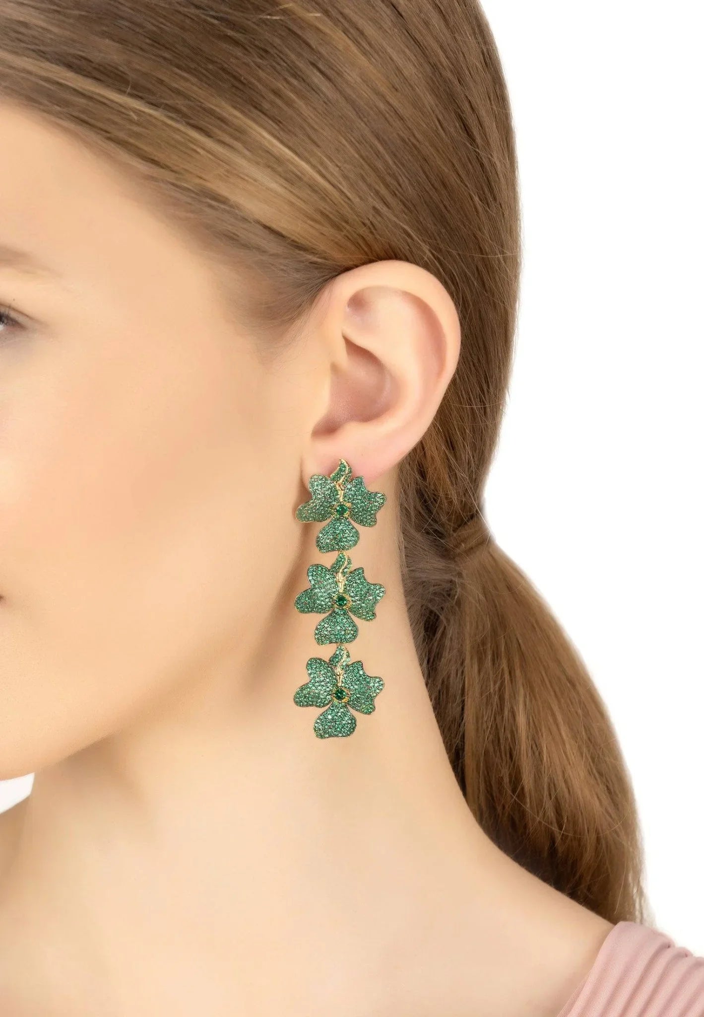 Jasmine Flower Triple Drop Earrings Gold Emerald Green - LATELITA Earrings