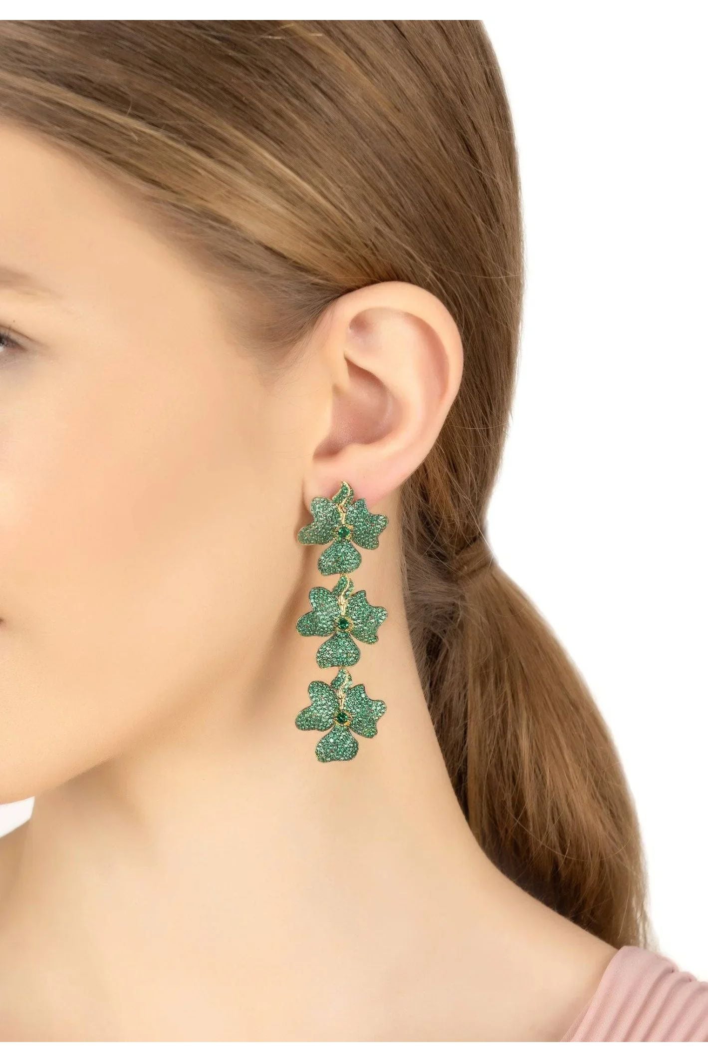 Jasmine Flower Triple Drop Earrings Gold Emerald Green - LATELITA Earrings