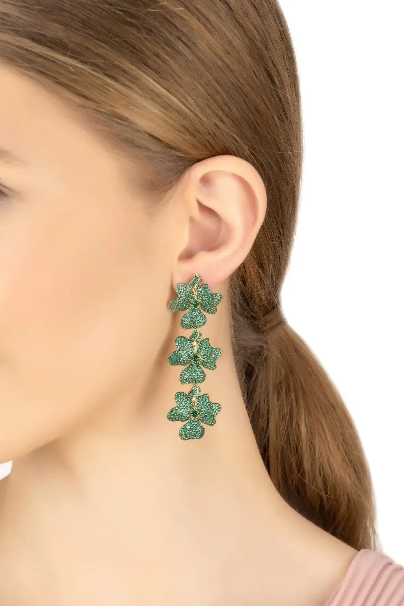 Jasmine Flower Triple Drop Earrings Gold Emerald Green - LATELITA Earrings