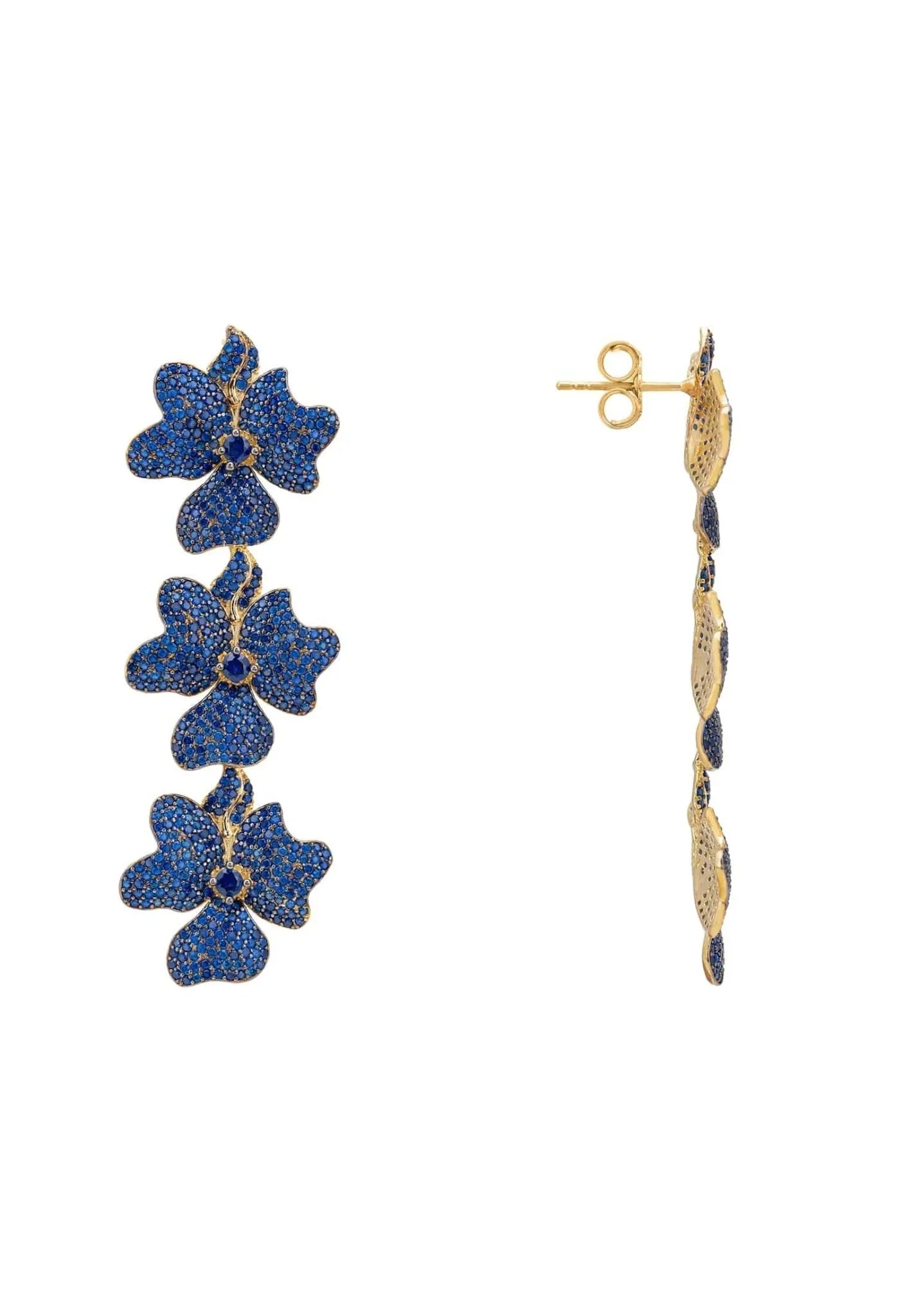 Jasmine Flower Triple Drop Earrings Gold Sapphire Blue - LATELITA Earrings