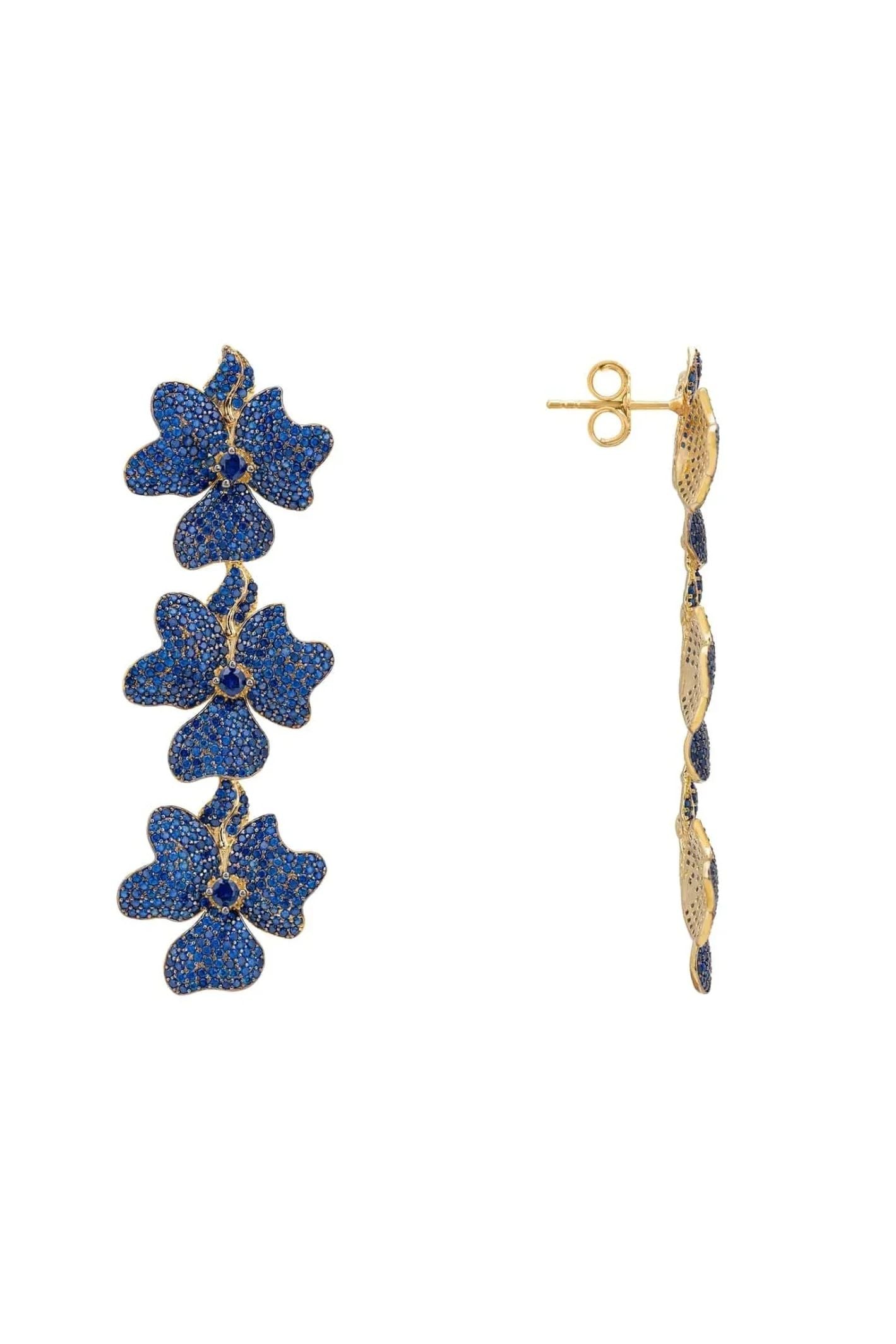 Jasmine Flower Triple Drop Earrings Gold Sapphire Blue - LATELITA Earrings