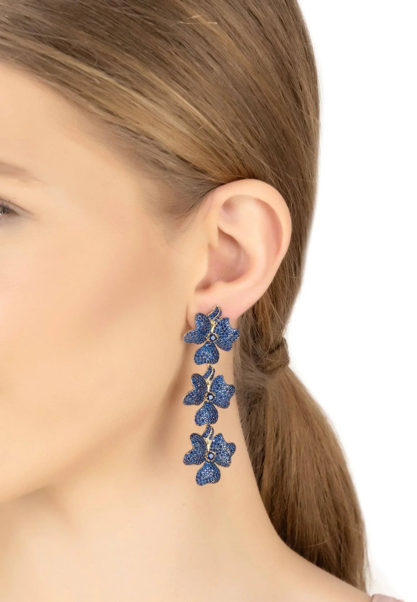 Jasmine Flower Triple Drop Earrings Gold Sapphire Blue - LATELITA Earrings