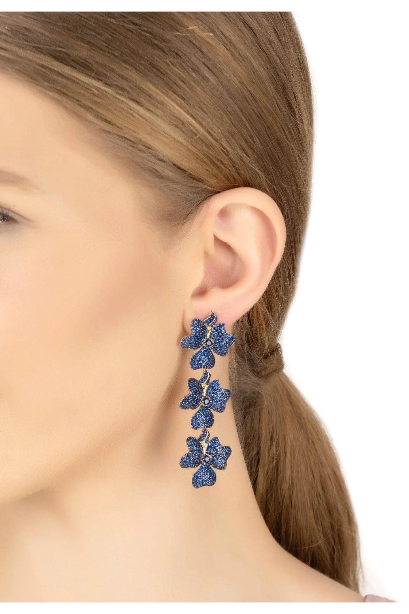 Jasmine Flower Triple Drop Earrings Gold Sapphire Blue - LATELITA Earrings