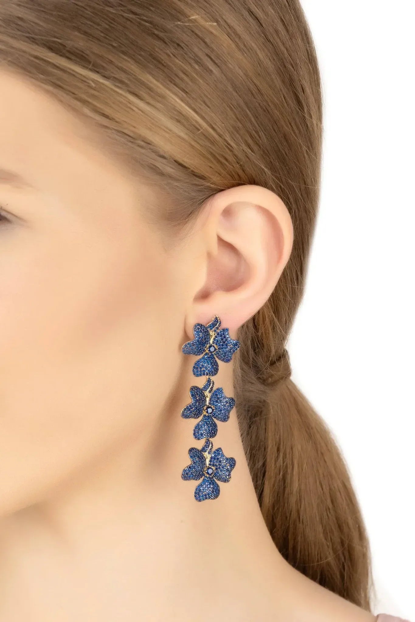 Jasmine Flower Triple Drop Earrings Gold Sapphire Blue - LATELITA Earrings