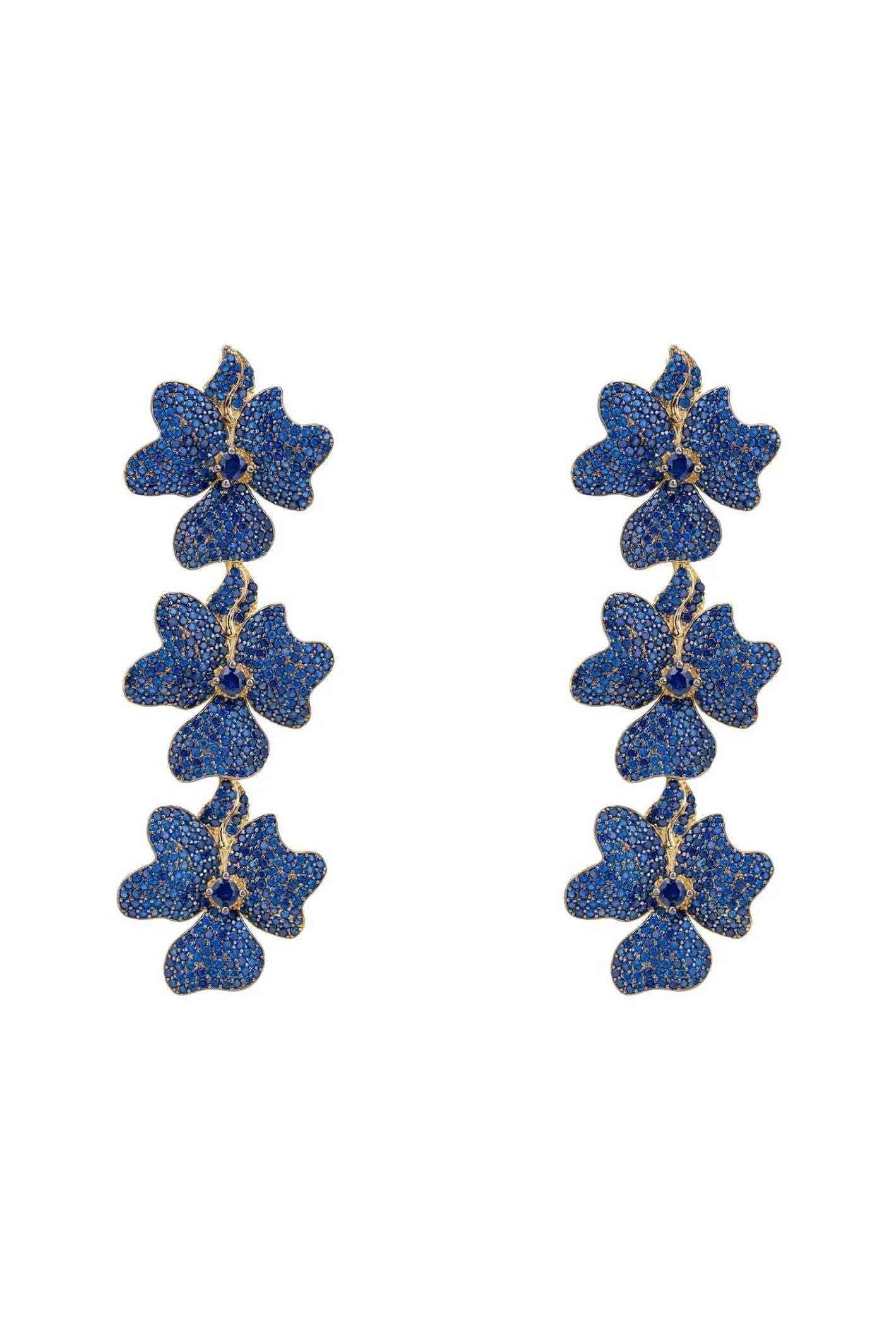 Jasmine Flower Triple Drop Earrings Gold Sapphire Blue - LATELITA Earrings