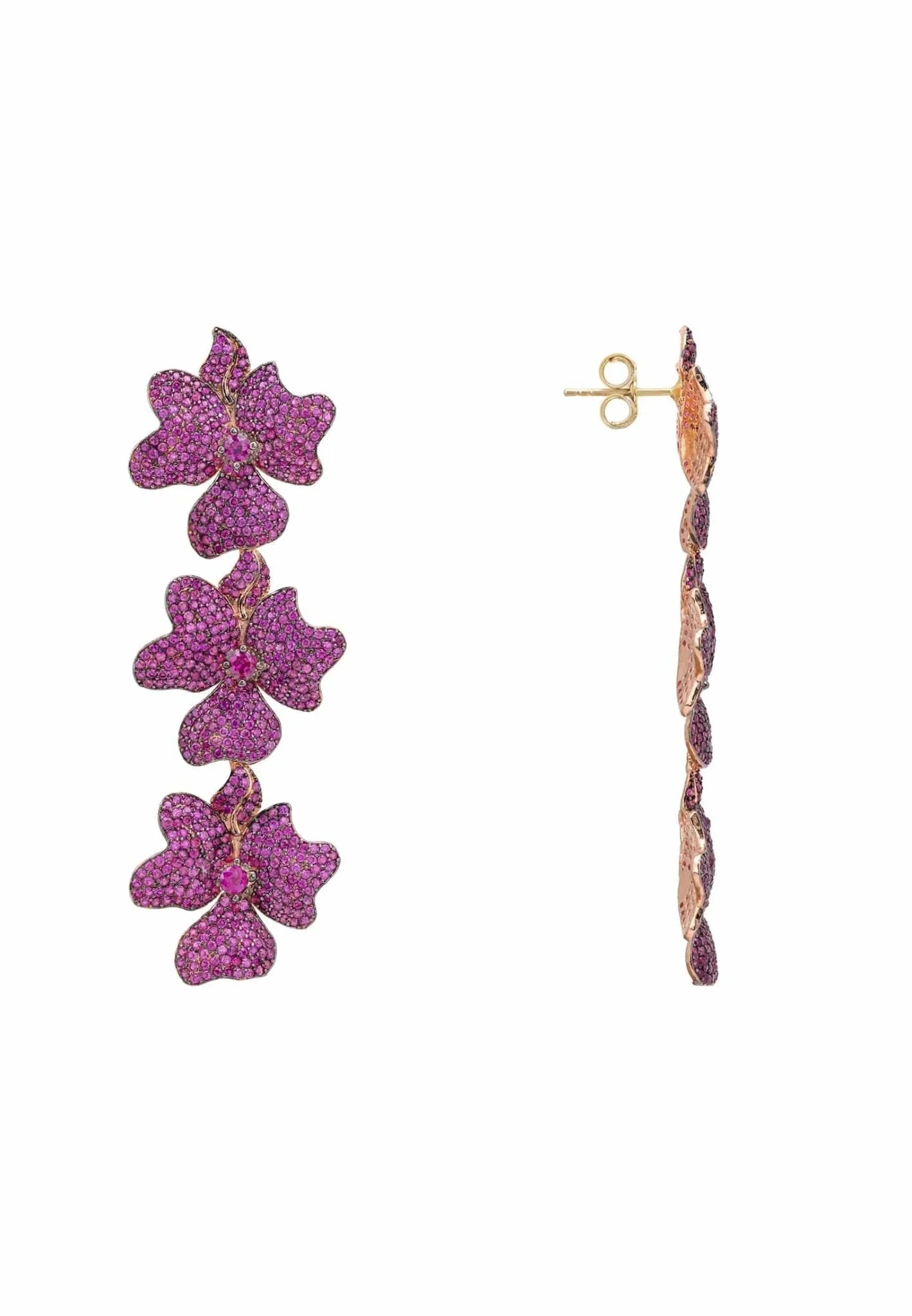 Jasmine Flower Triple Drop Earrings Rosegold Ruby - LATELITA Earrings