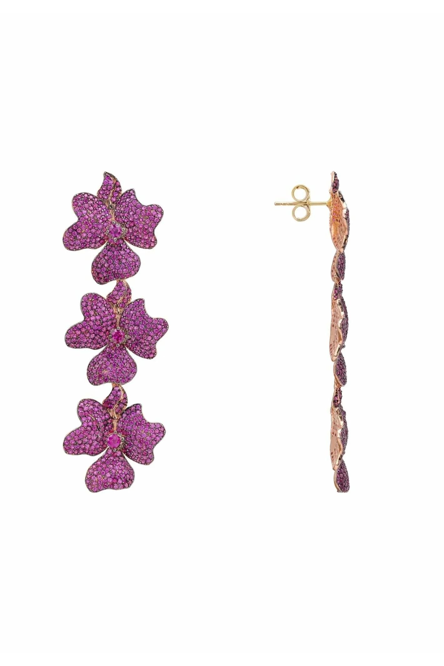 Jasmine Flower Triple Drop Earrings Rosegold Ruby - LATELITA Earrings