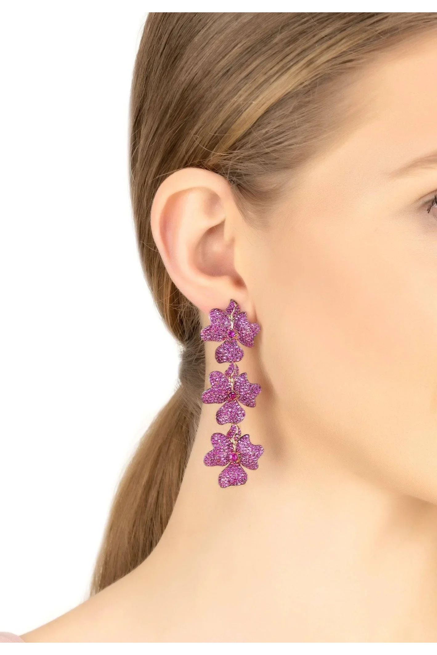 Jasmine Flower Triple Drop Earrings Rosegold Ruby - LATELITA Earrings