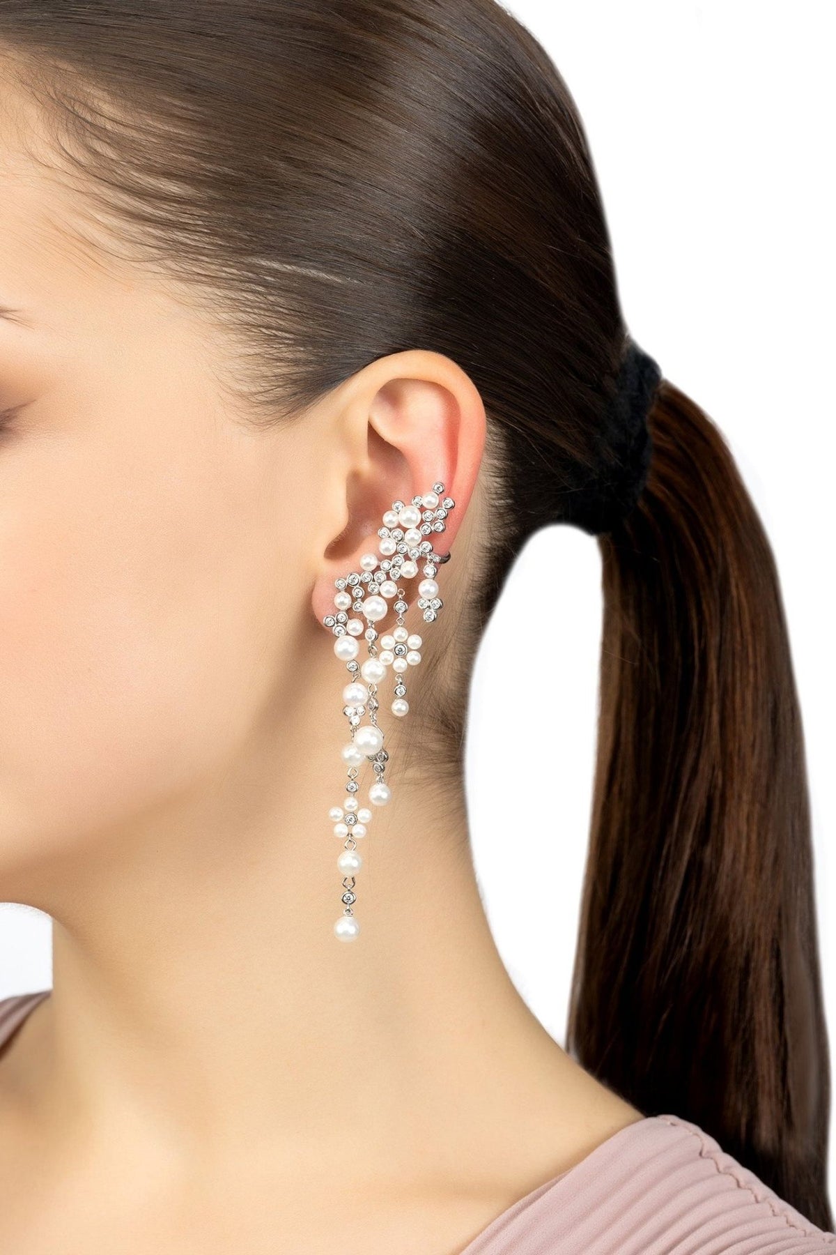 Lambeth Pearl Ear Climber With Droplets Left Ear Silver - LATELITA Earrings