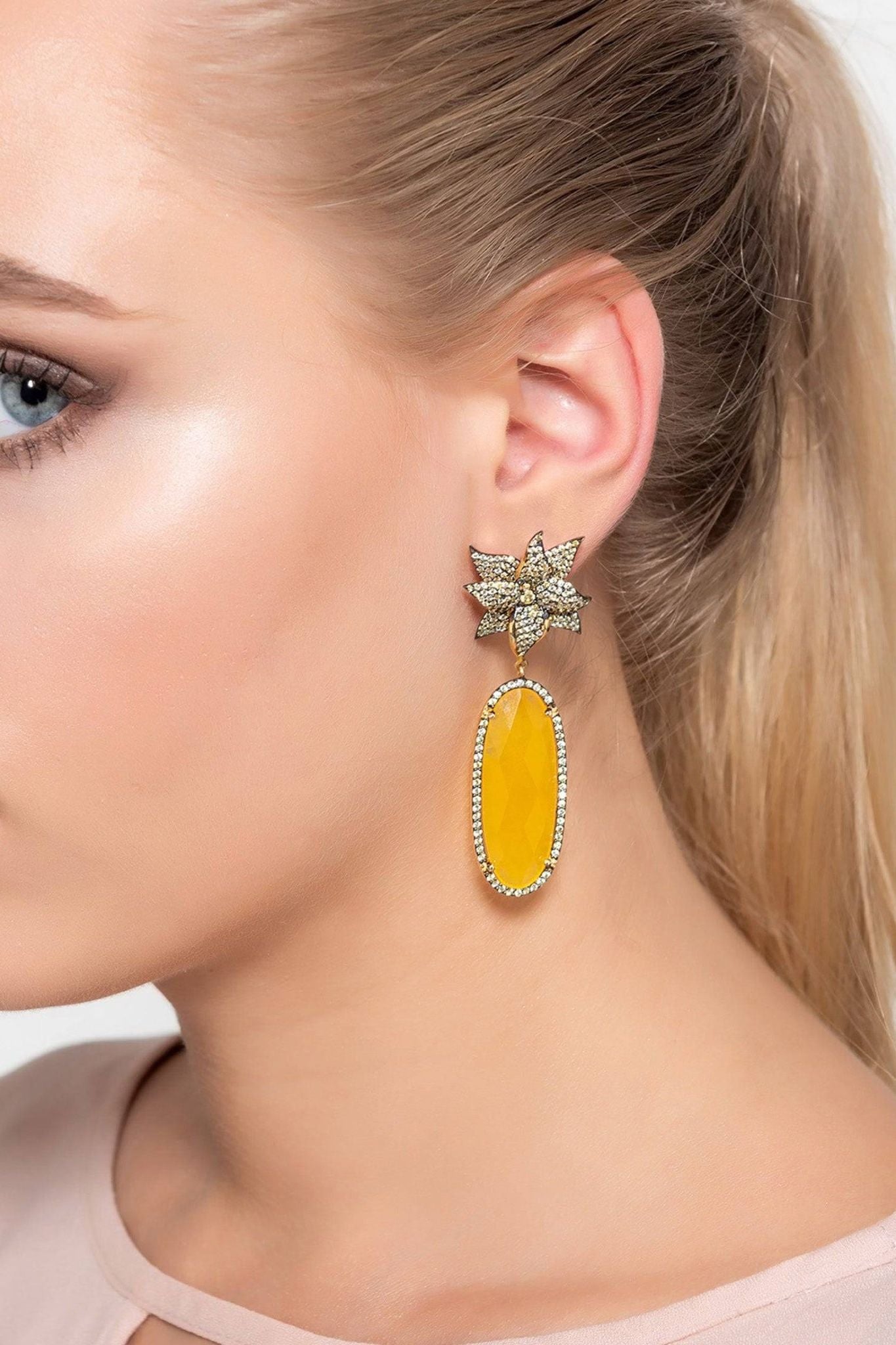 Lotus Flower Oval Yellow Citrine Earrings Gold - LATELITA Earrings