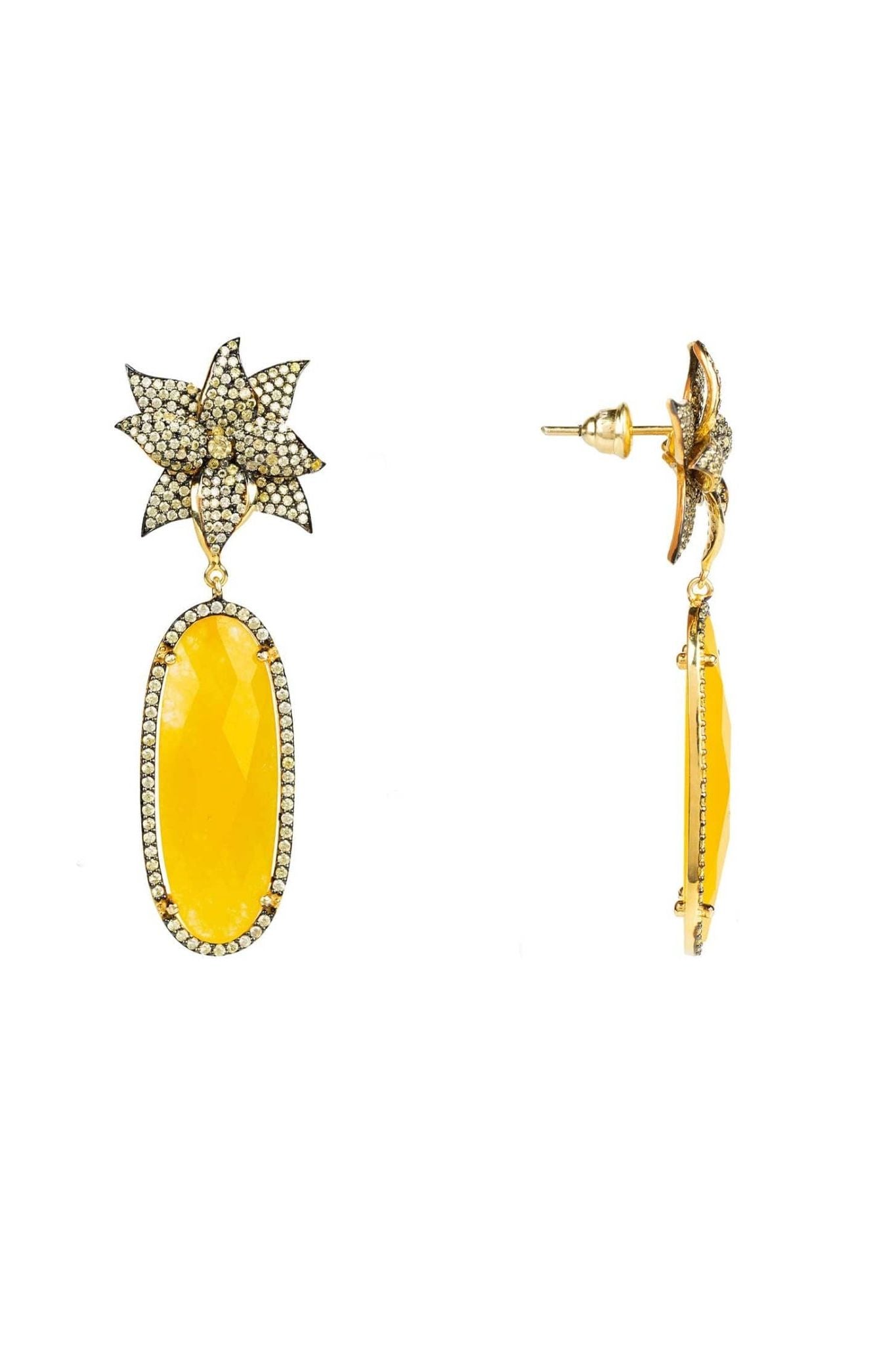 Lotus Flower Oval Yellow Citrine Earrings Gold - LATELITA Earrings