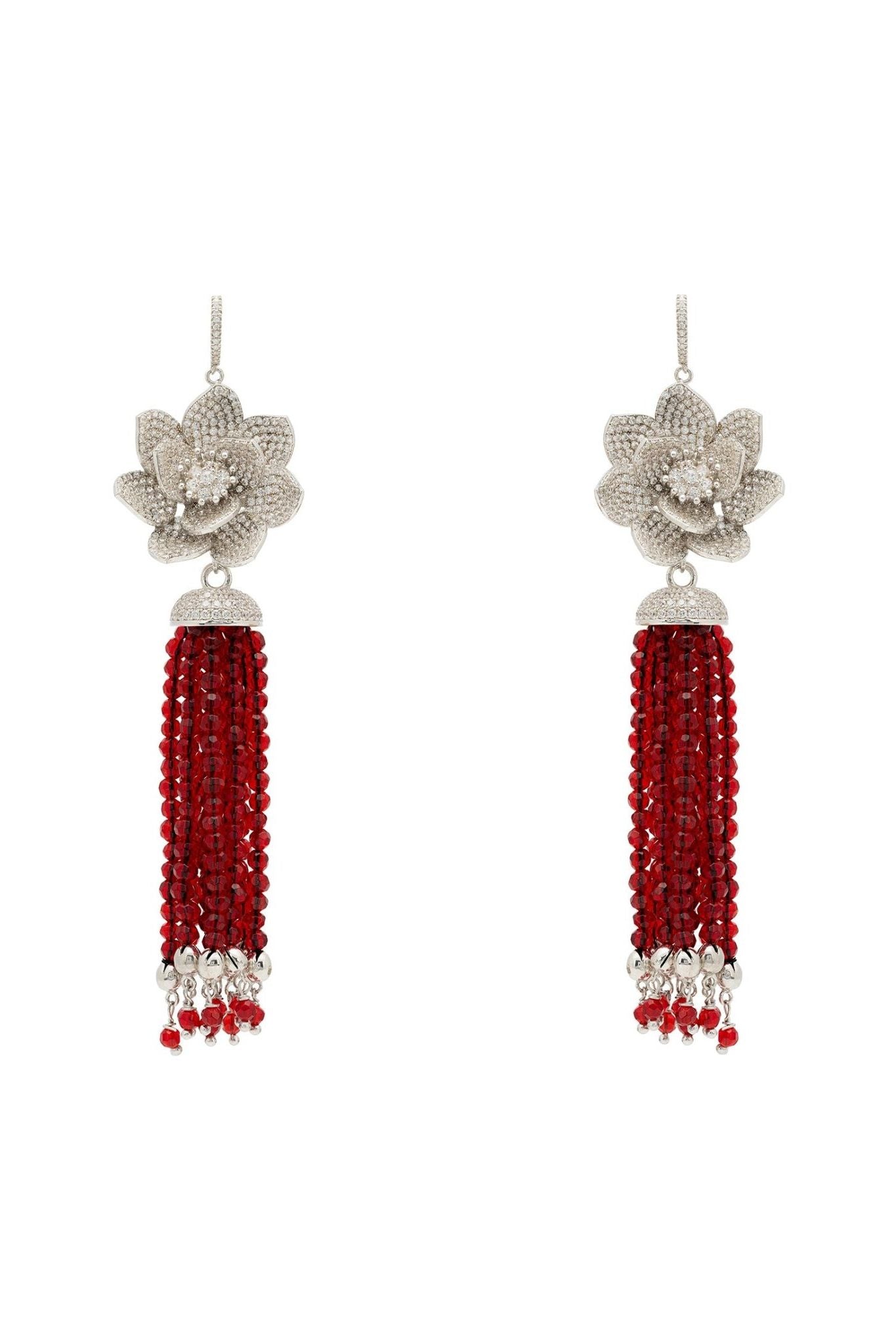 Lotus Flower Tassel Garnet Red Earrings Silver - LATELITA Earrings