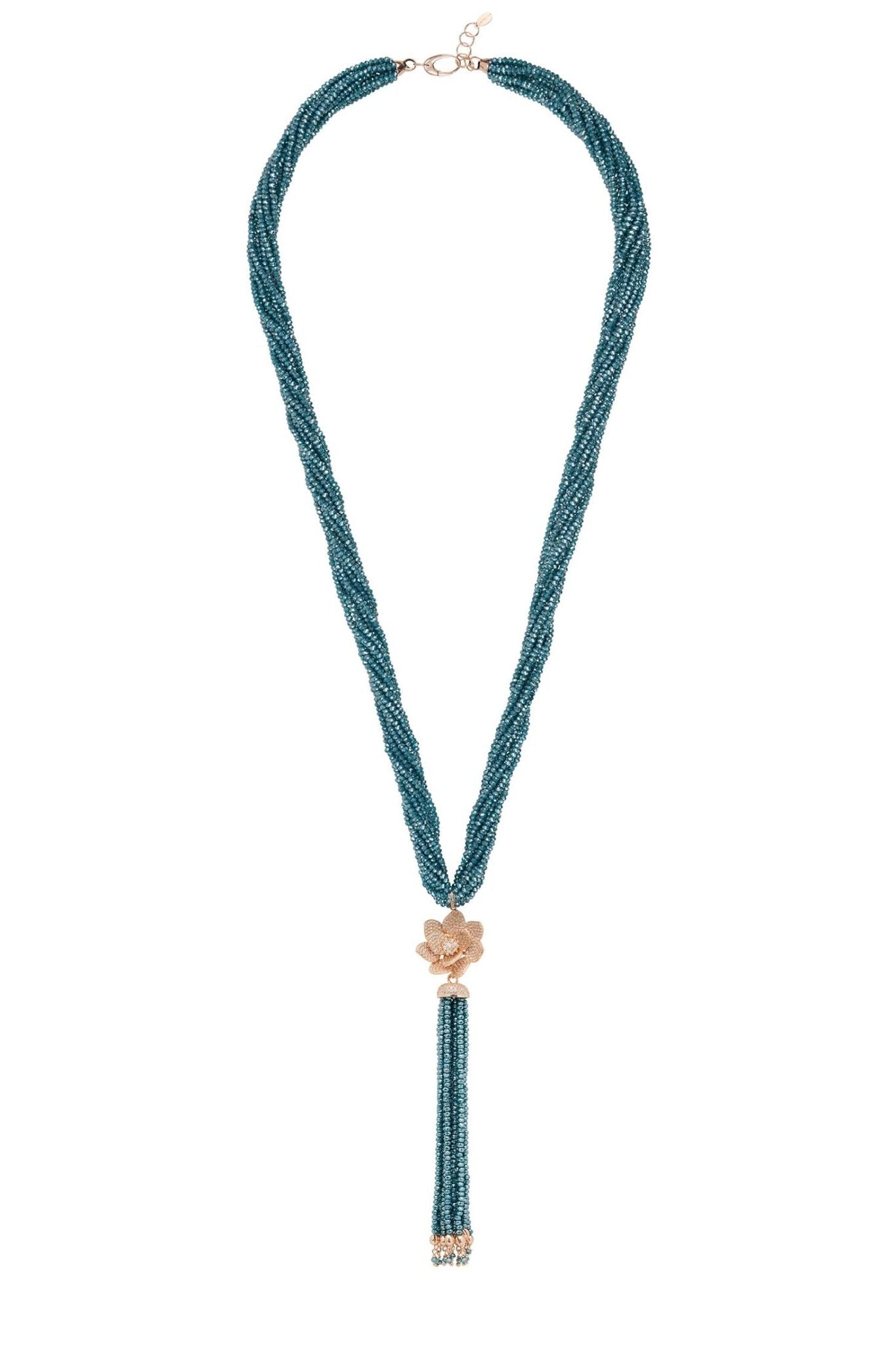 Lotus Flower Tassel Statement Necklace Turquoise Blue Rosegold - LATELITA Necklaces