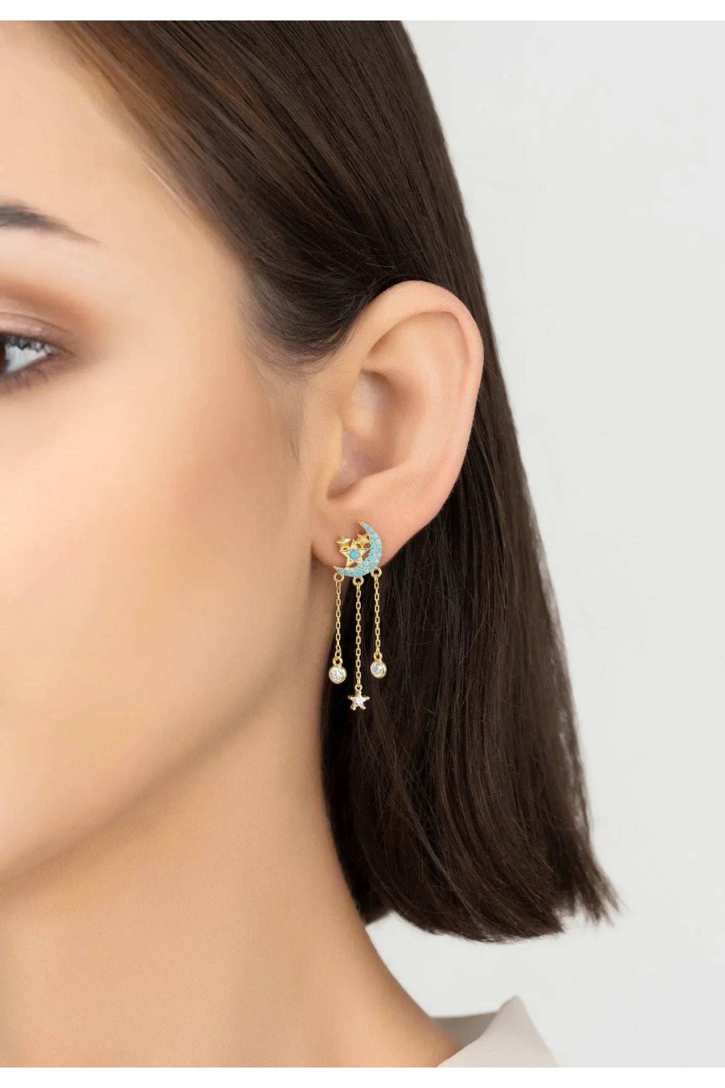 Lunar Moon Chain Drop Earrings Gold Turquoise - LATELITA Earrings