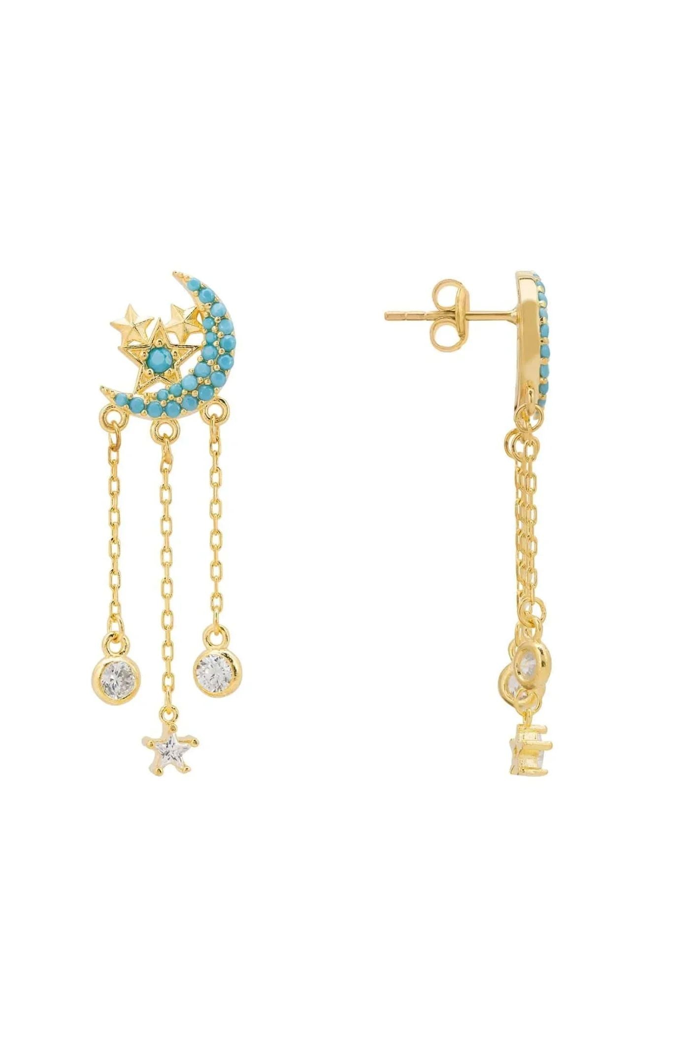 Lunar Moon Chain Drop Earrings Gold Turquoise - LATELITA Earrings
