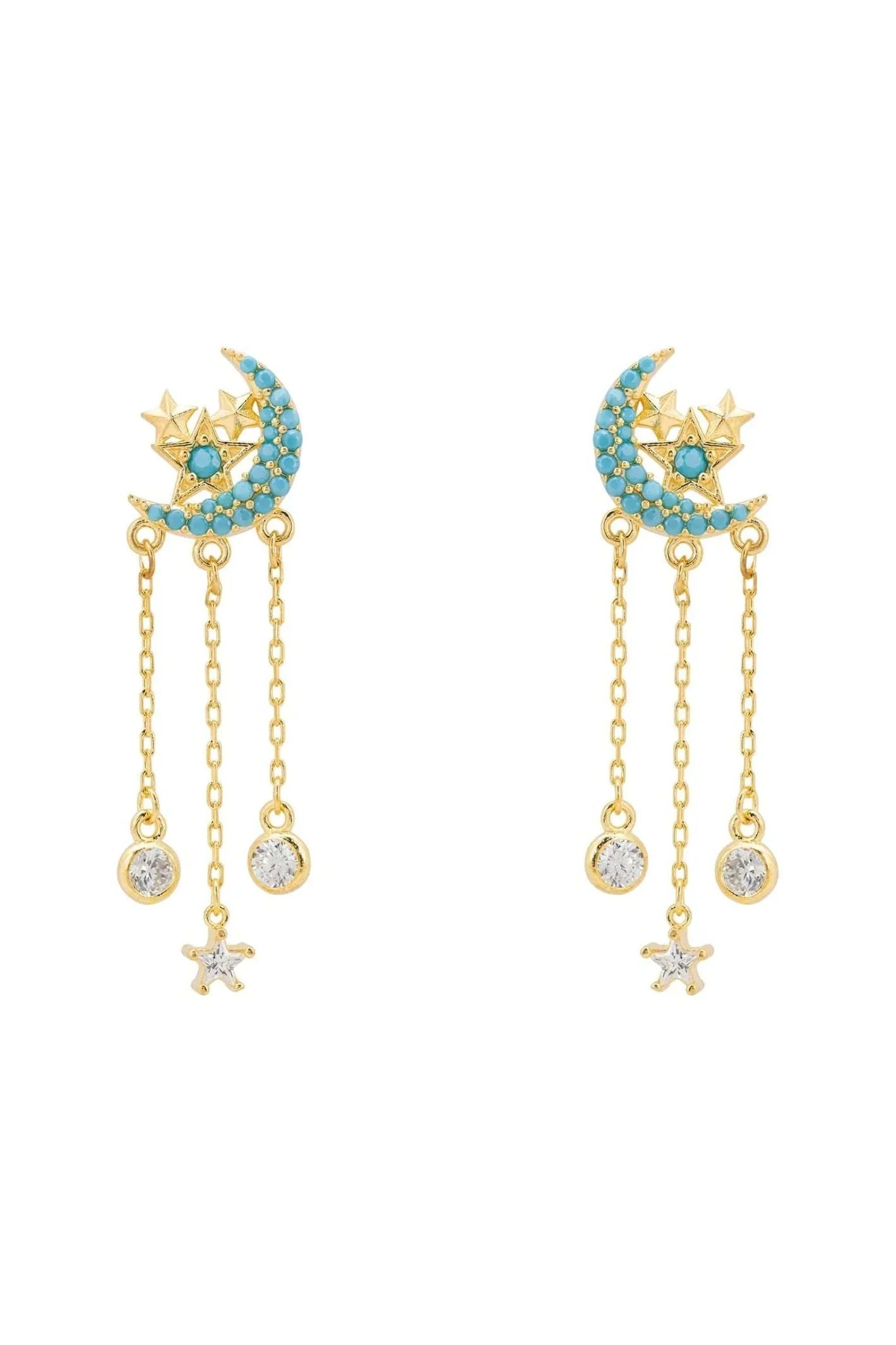 Lunar Moon Chain Drop Earrings Gold Turquoise - LATELITA Earrings