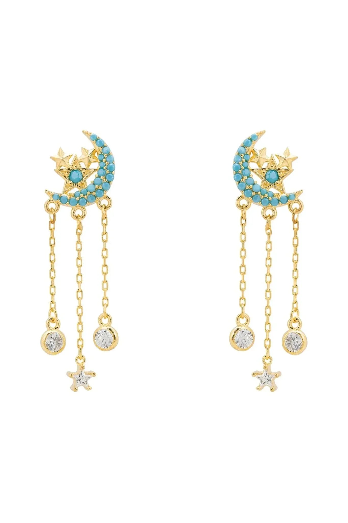 Lunar Moon Chain Drop Earrings Gold Turquoise - LATELITA Earrings