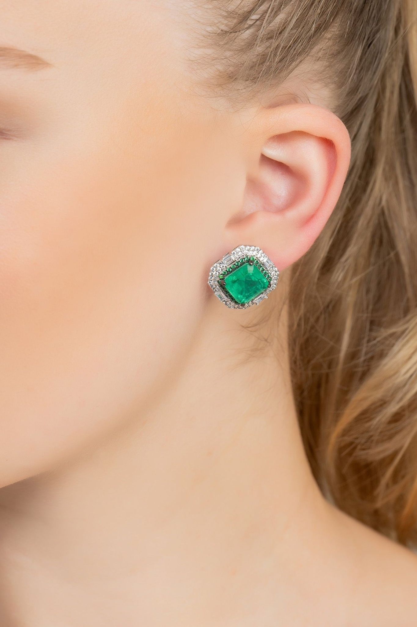 Madeleine Colombian Emerald Large Stud Earrings Silver - LATELITA Earrings