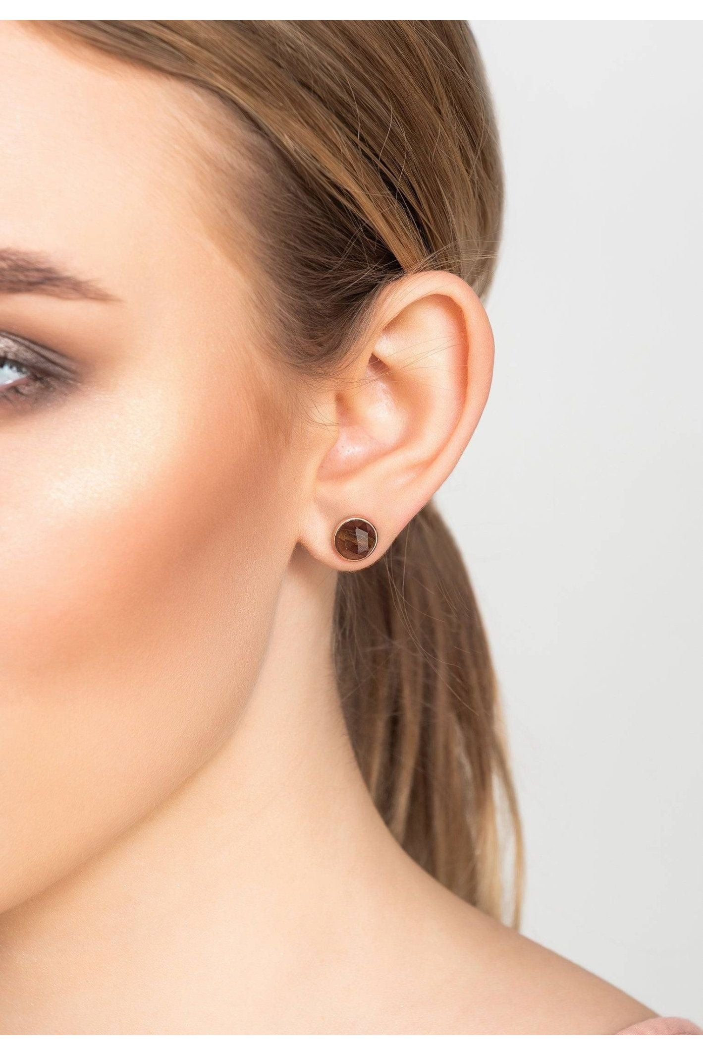 Medium Circle Gemstone Earrings Rosegold Smokey Quartz - LATELITA Earrings