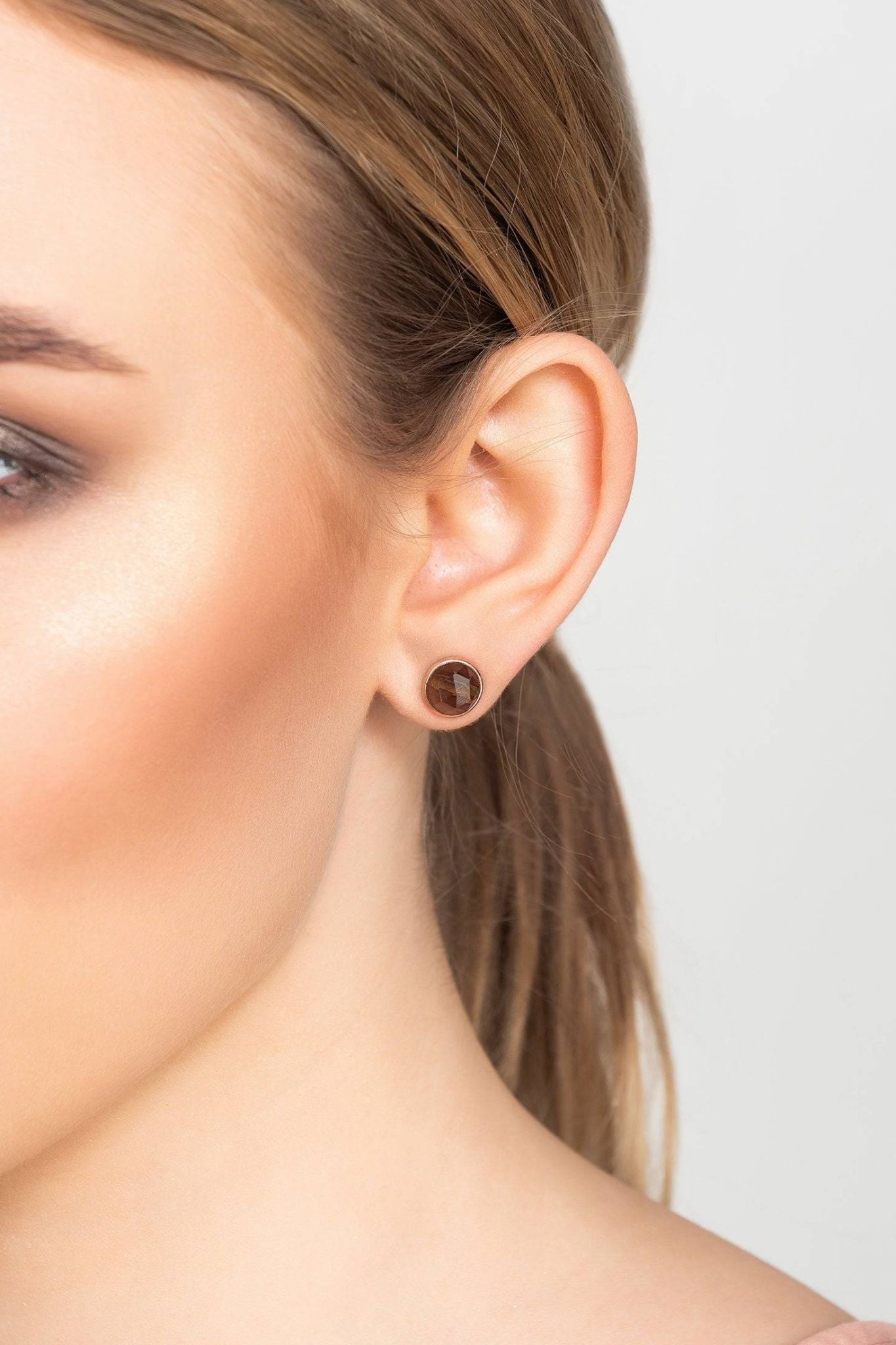 Medium Circle Gemstone Earrings Rosegold Smokey Quartz - LATELITA Earrings