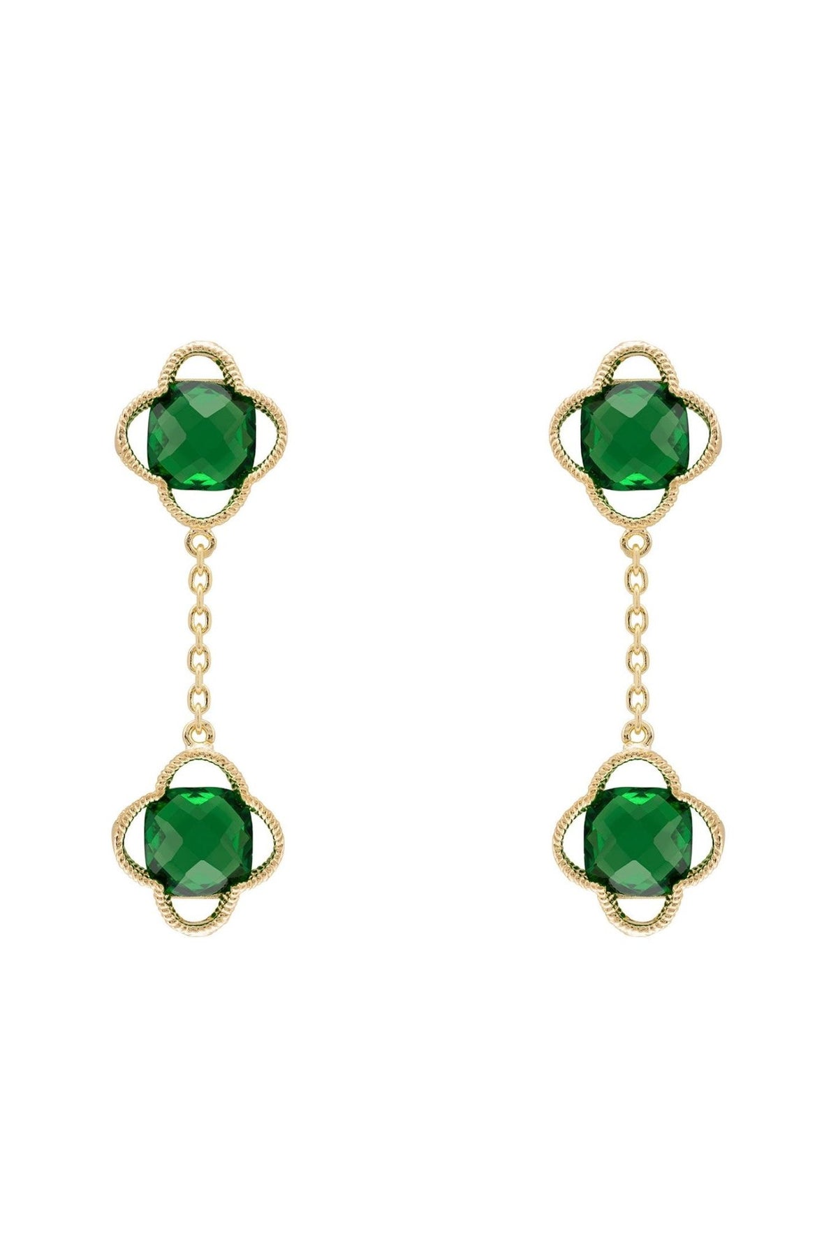 Open Clover Double Drop Earrings Gold Emerald - LATELITA Earrings