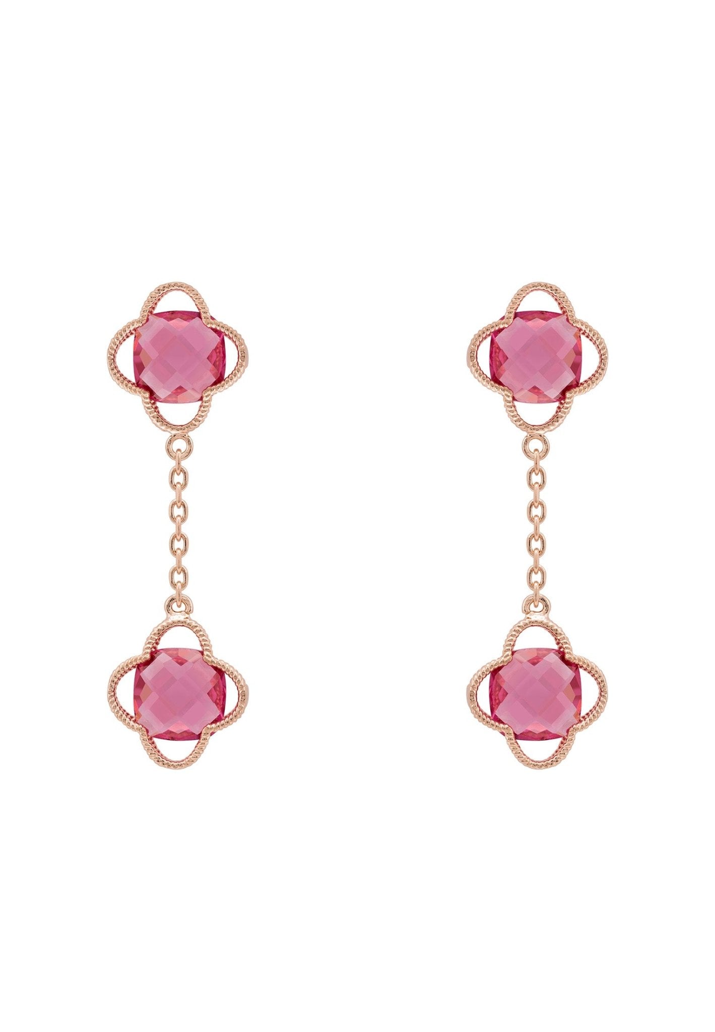 Open Clover Double Drop Earrings Rosegold Pink Tourmaline - LATELITA Earrings
