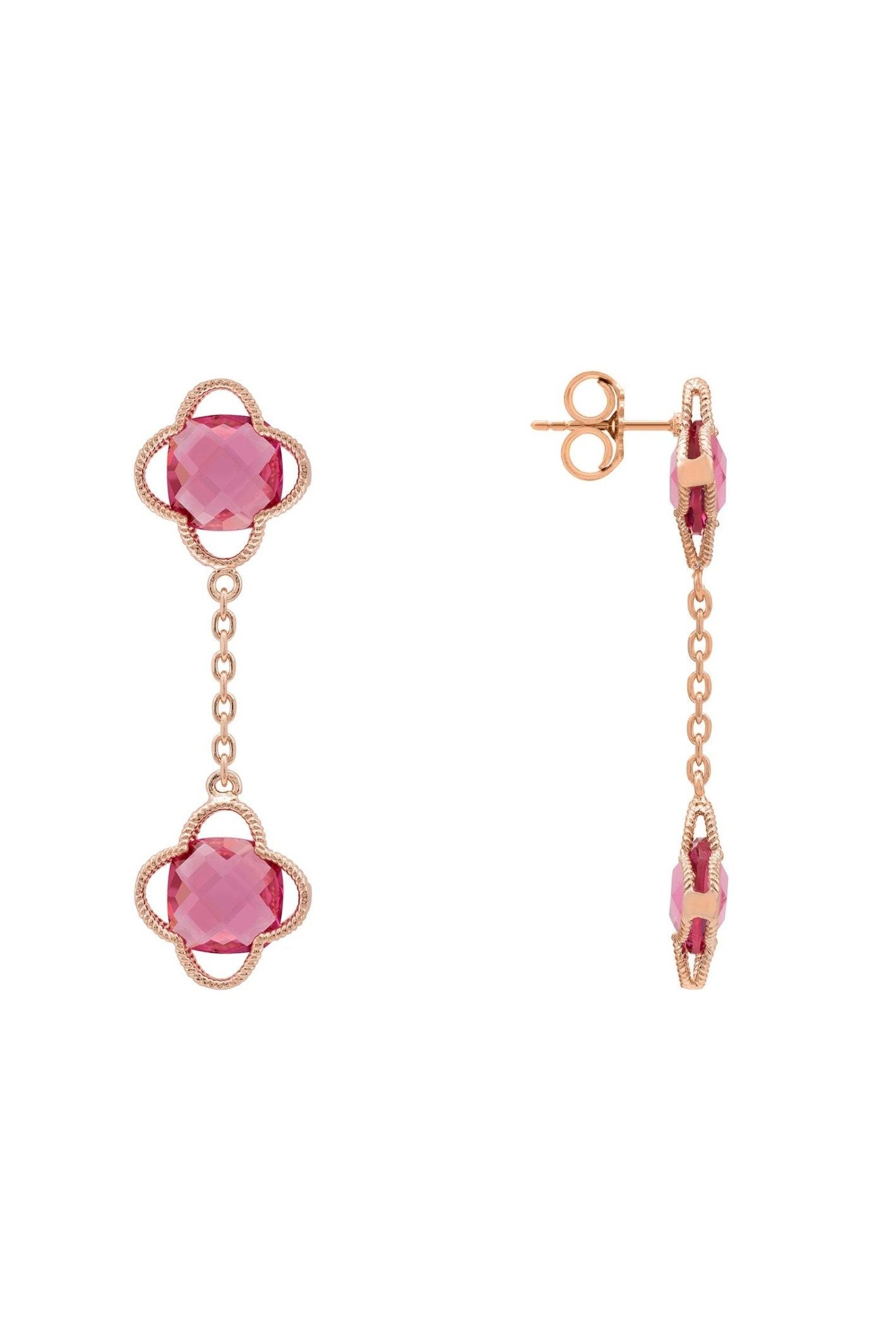 Open Clover Double Drop Earrings Rosegold Pink Tourmaline - LATELITA Earrings